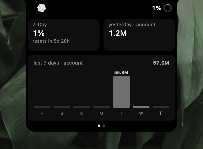 Codex limits page: rate-limit windows above the 7-day token chart