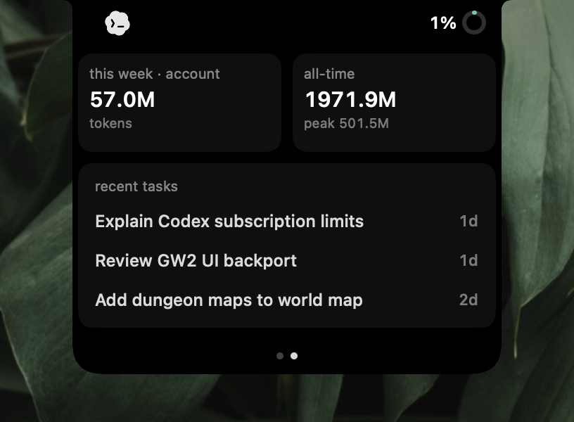 Codex detail page: weekly and all-time totals above recent tasks