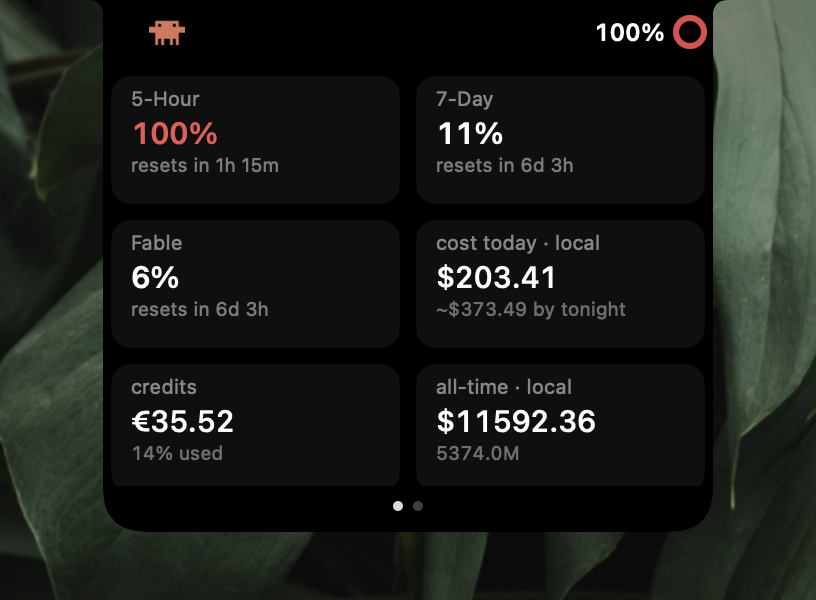 Limits page: 5-Hour, 7-Day and Fable weekly limits, today's cost, credits and all-time spend