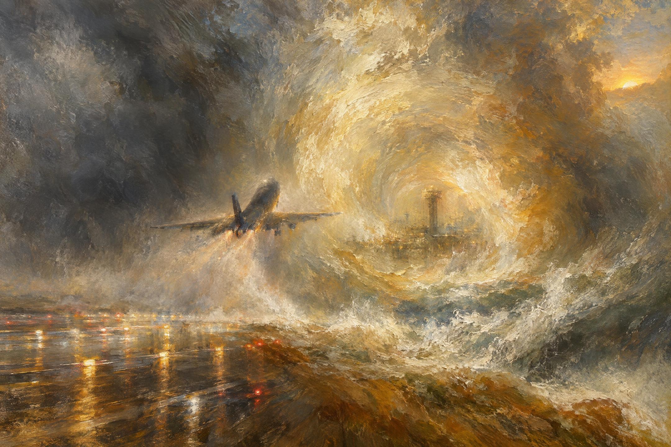 Rain, Steam and Jet Engines, in the manner of J. M. W. Turner