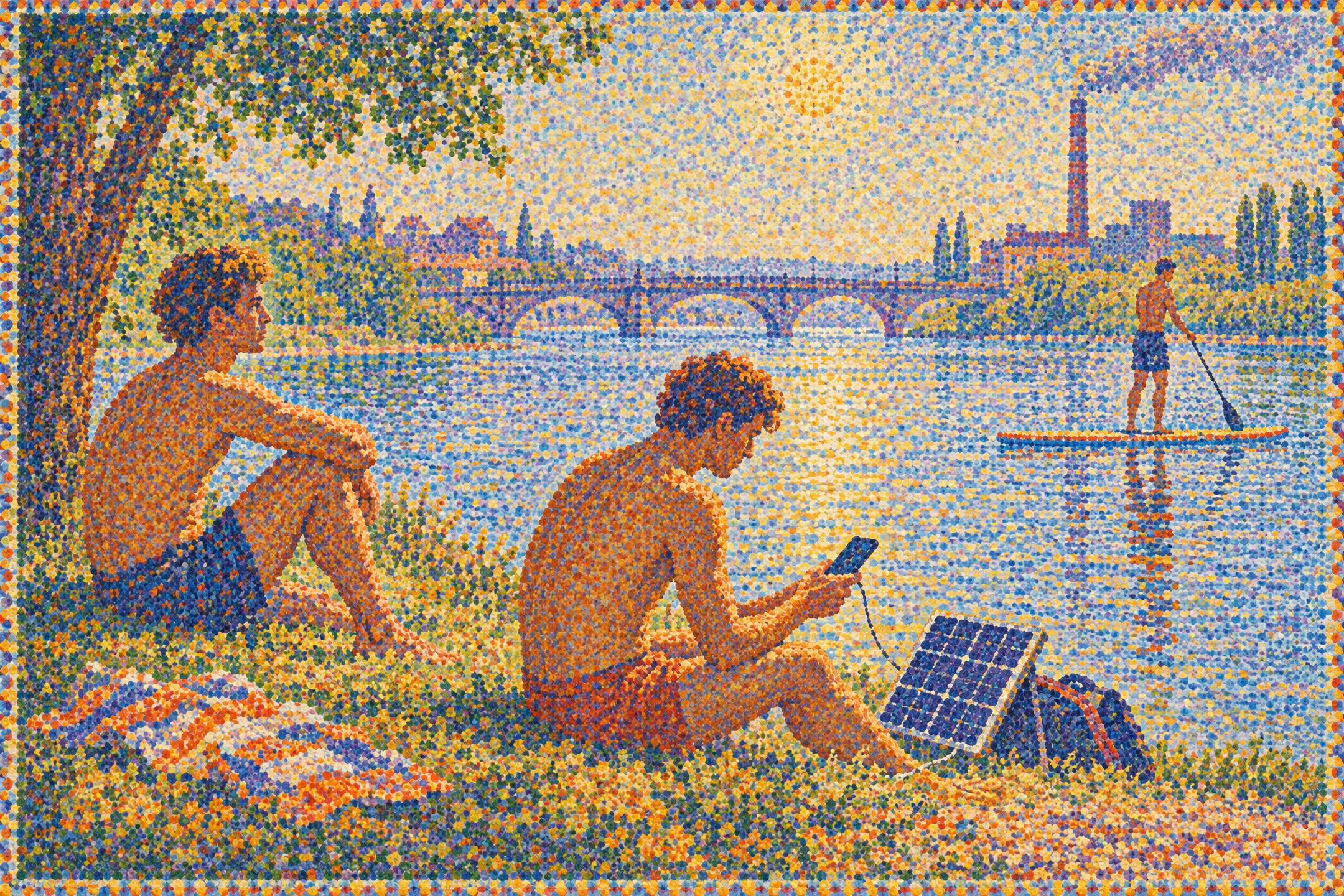Bathers at the Charging Point, in the manner of Georges Seurat
