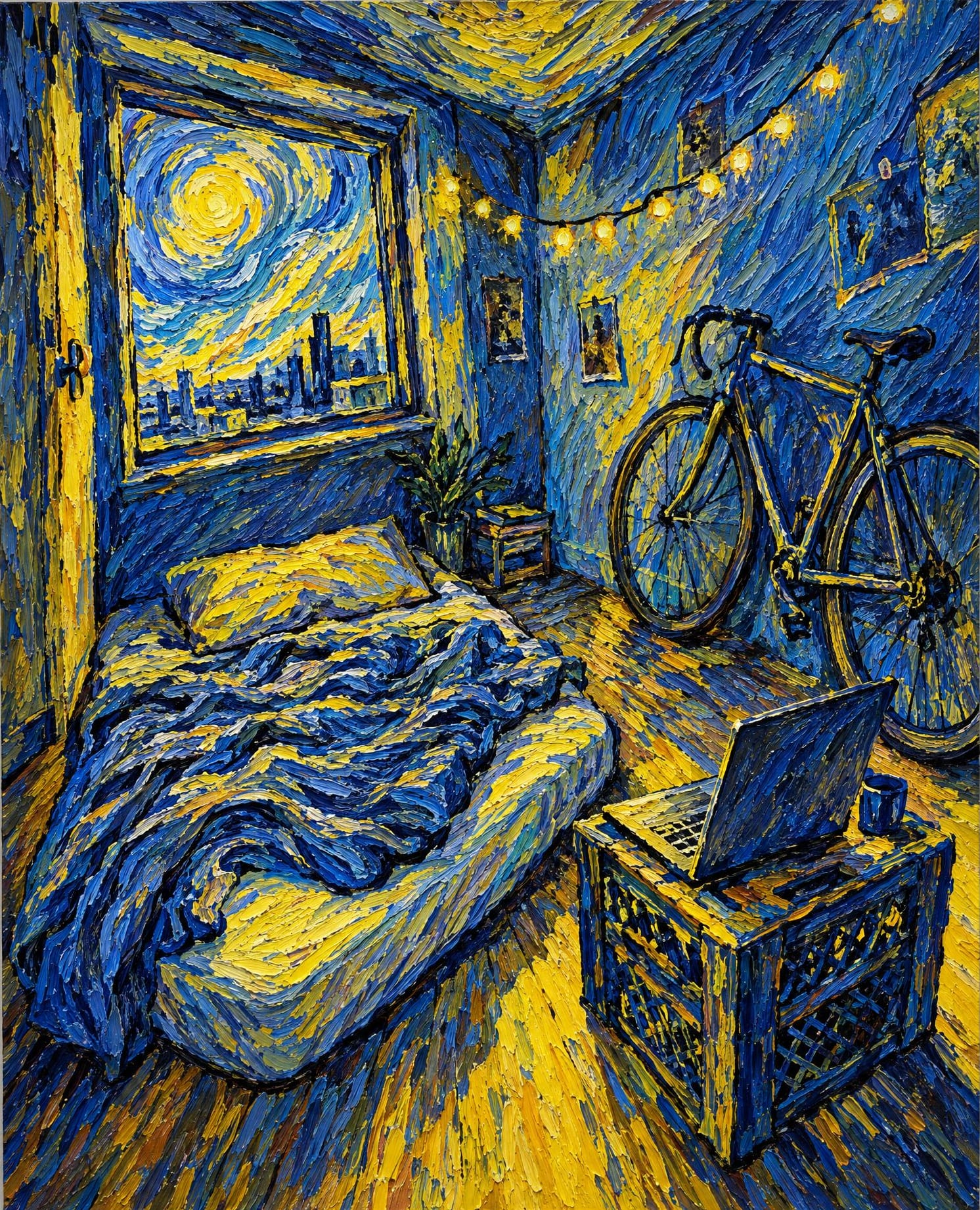 Bedroom in a Shared Flat, in the manner of Vincent van Gogh