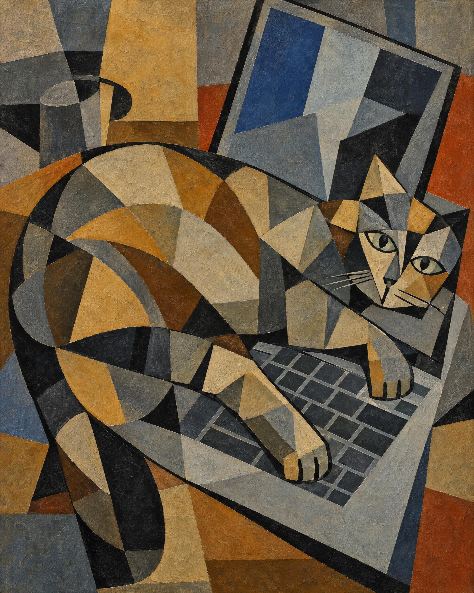 Cat on the Keyboard, in the manner of Pablo Picasso