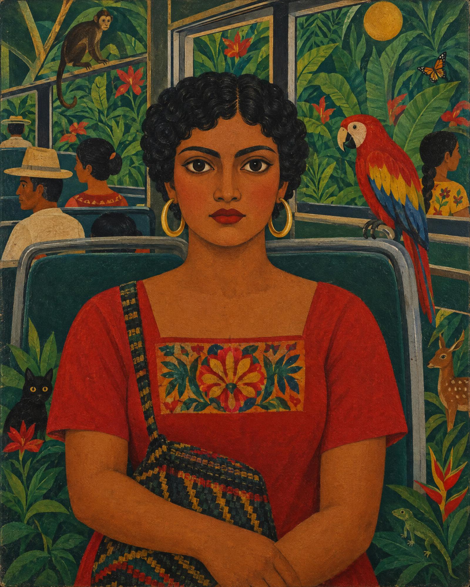 Self-Portrait on the Bus, in the manner of Frida Kahlo