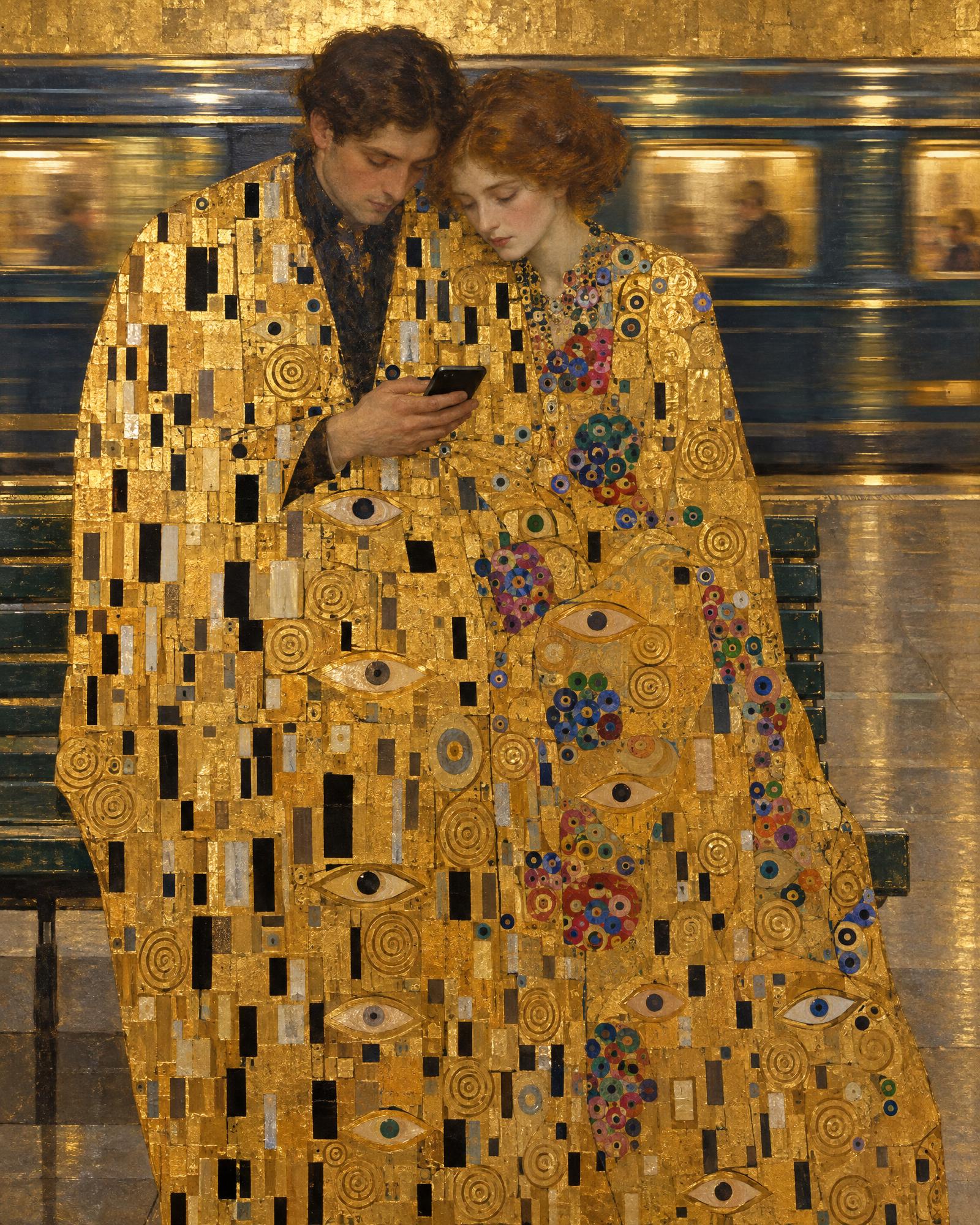 The Embrace on the Platform, in the manner of Gustav Klimt