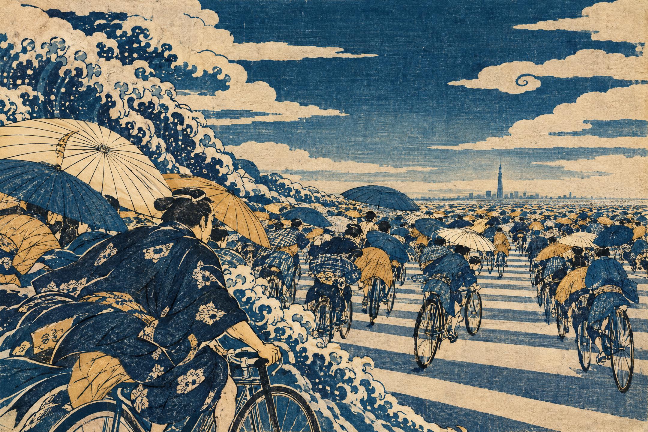 Cyclists Crossing at Shibuya, in the manner of Katsushika Hokusai