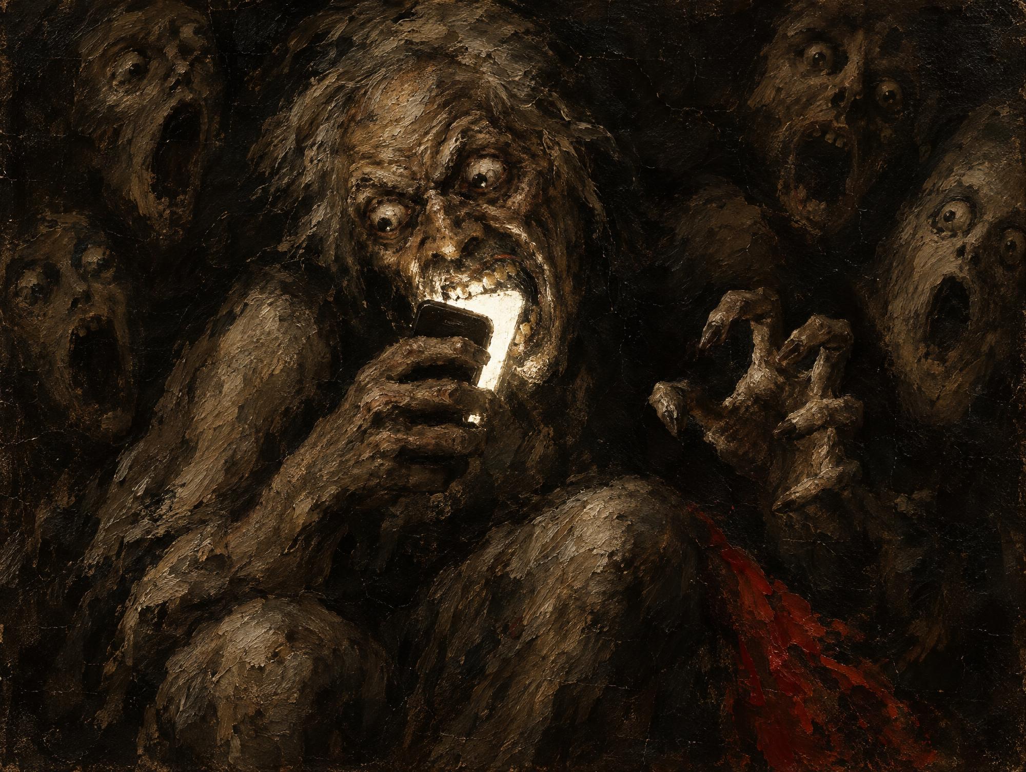 Saturn Checks His Phone, in the manner of Francisco Goya