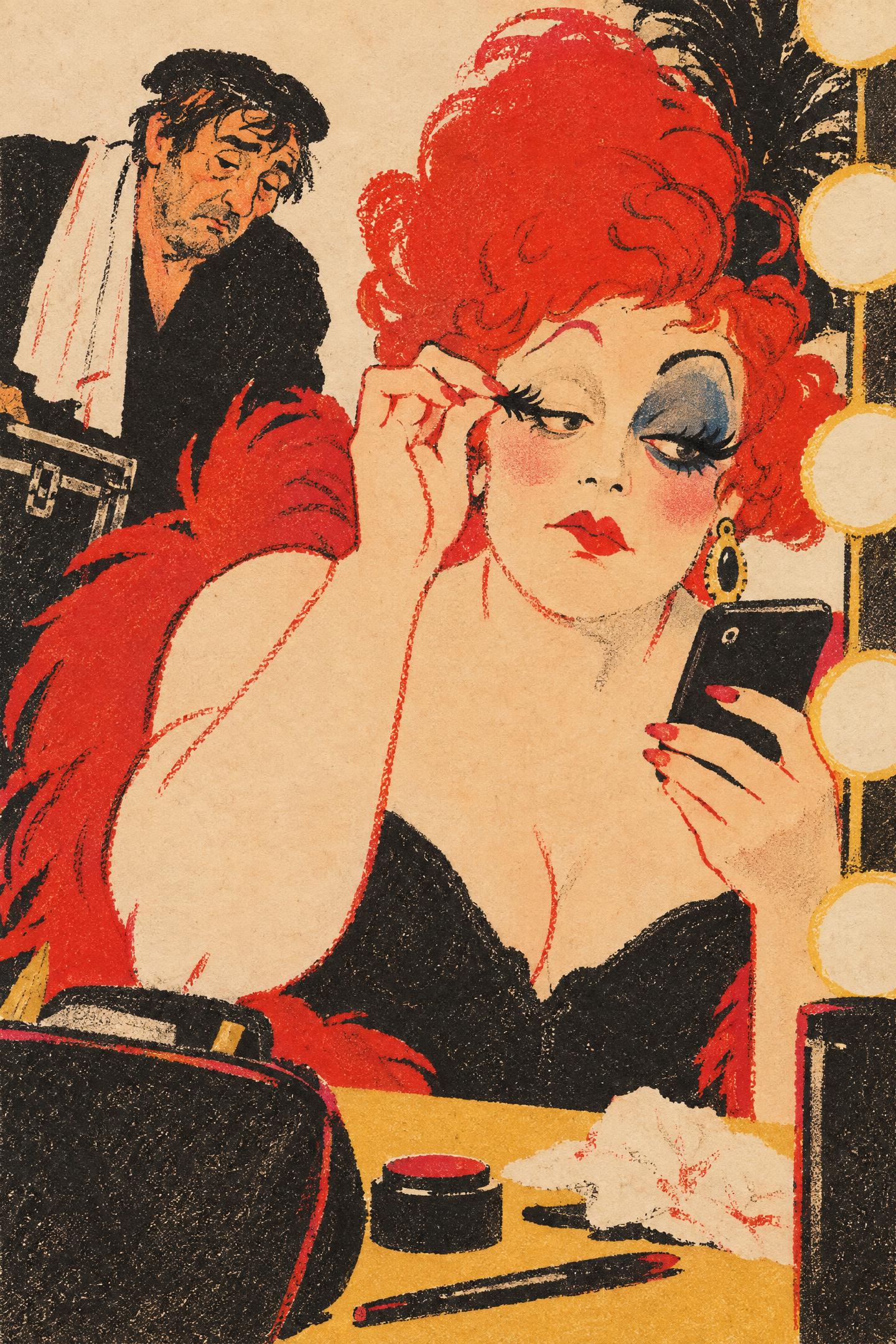 Backstage, Between Sets, in the manner of Henri de Toulouse-Lautrec