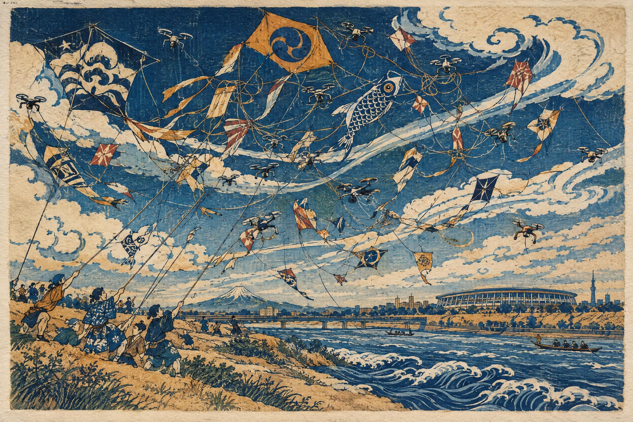 Kite Festival with Drones, in the manner of Katsushika Hokusai
