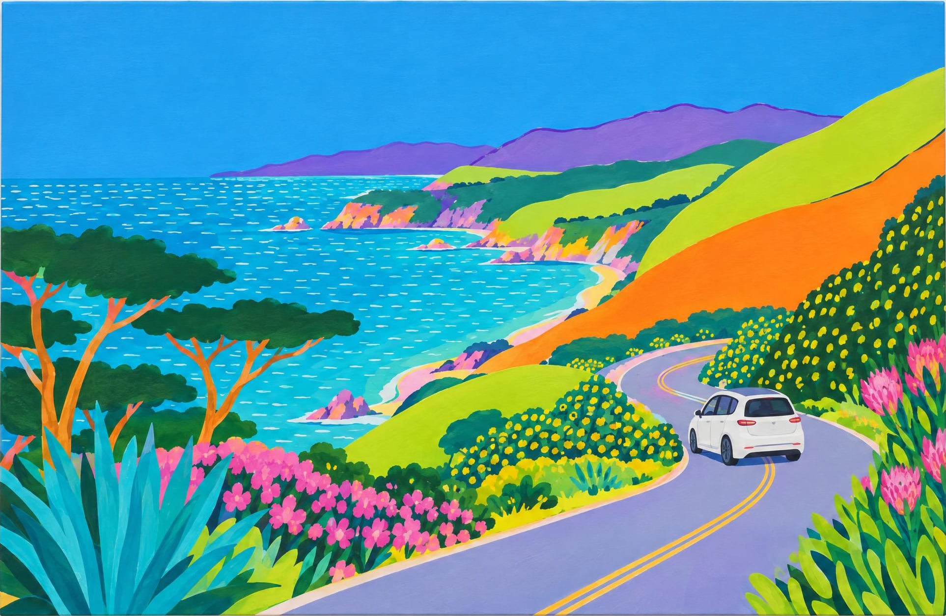Electric Car, Canyon Road, in the manner of David Hockney
