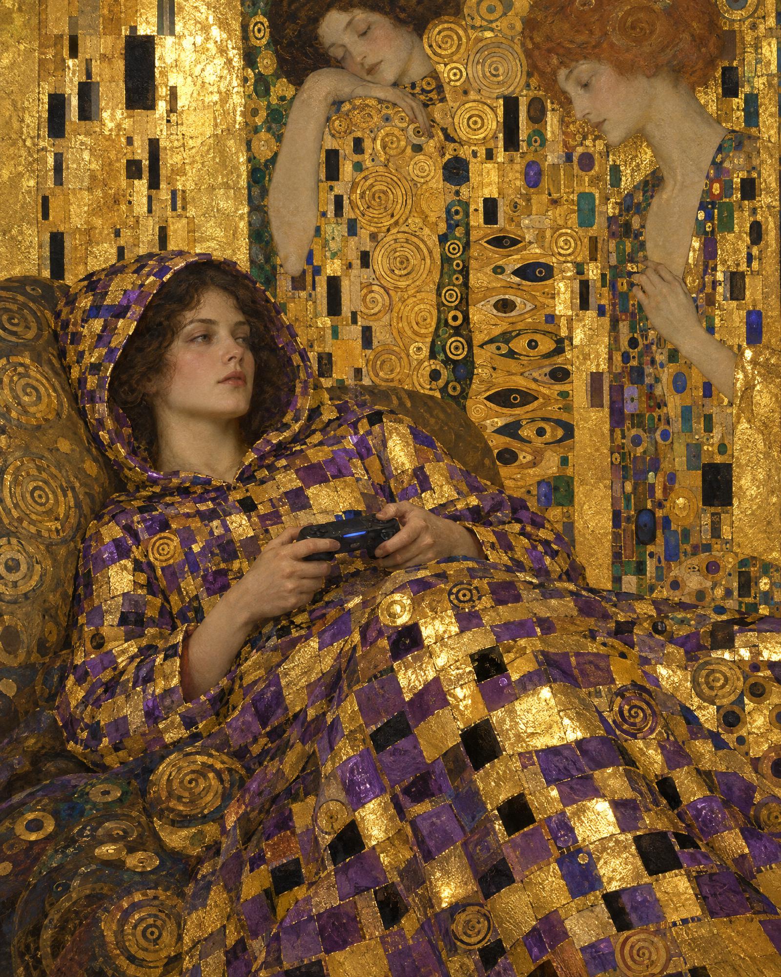 Woman with Controller, in the manner of Gustav Klimt