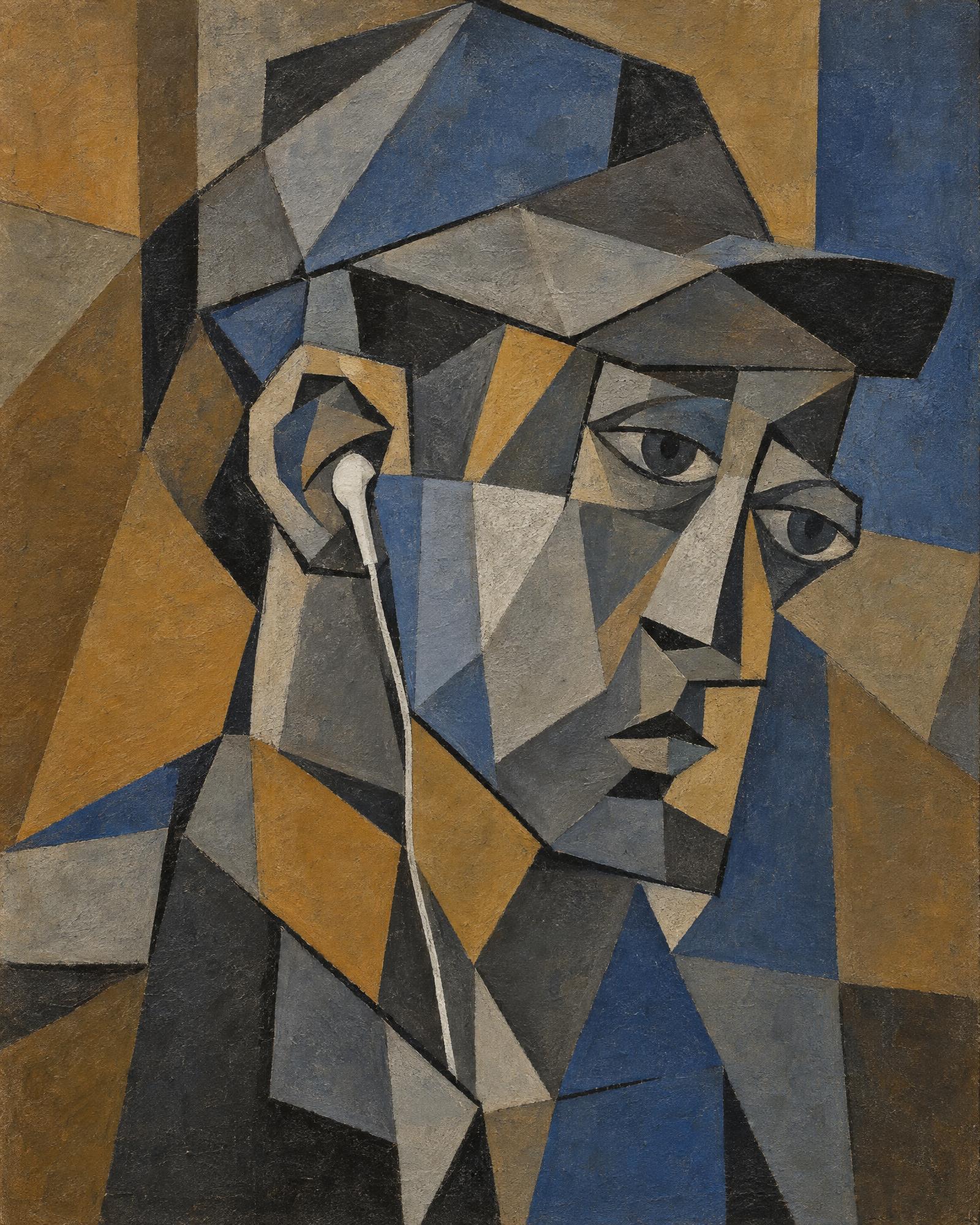 Man with Earbuds, in the manner of Pablo Picasso
