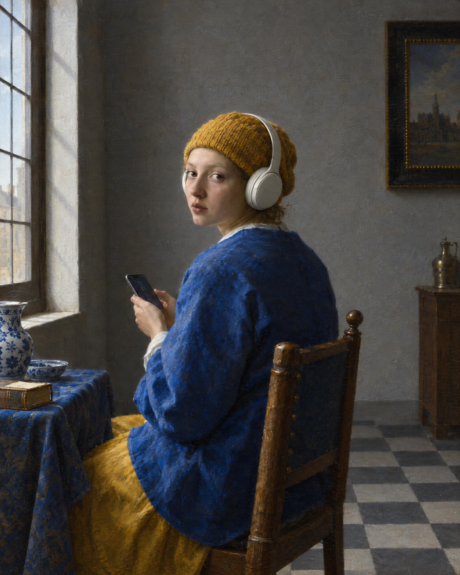 Girl with Headphones, in the manner of Johannes Vermeer