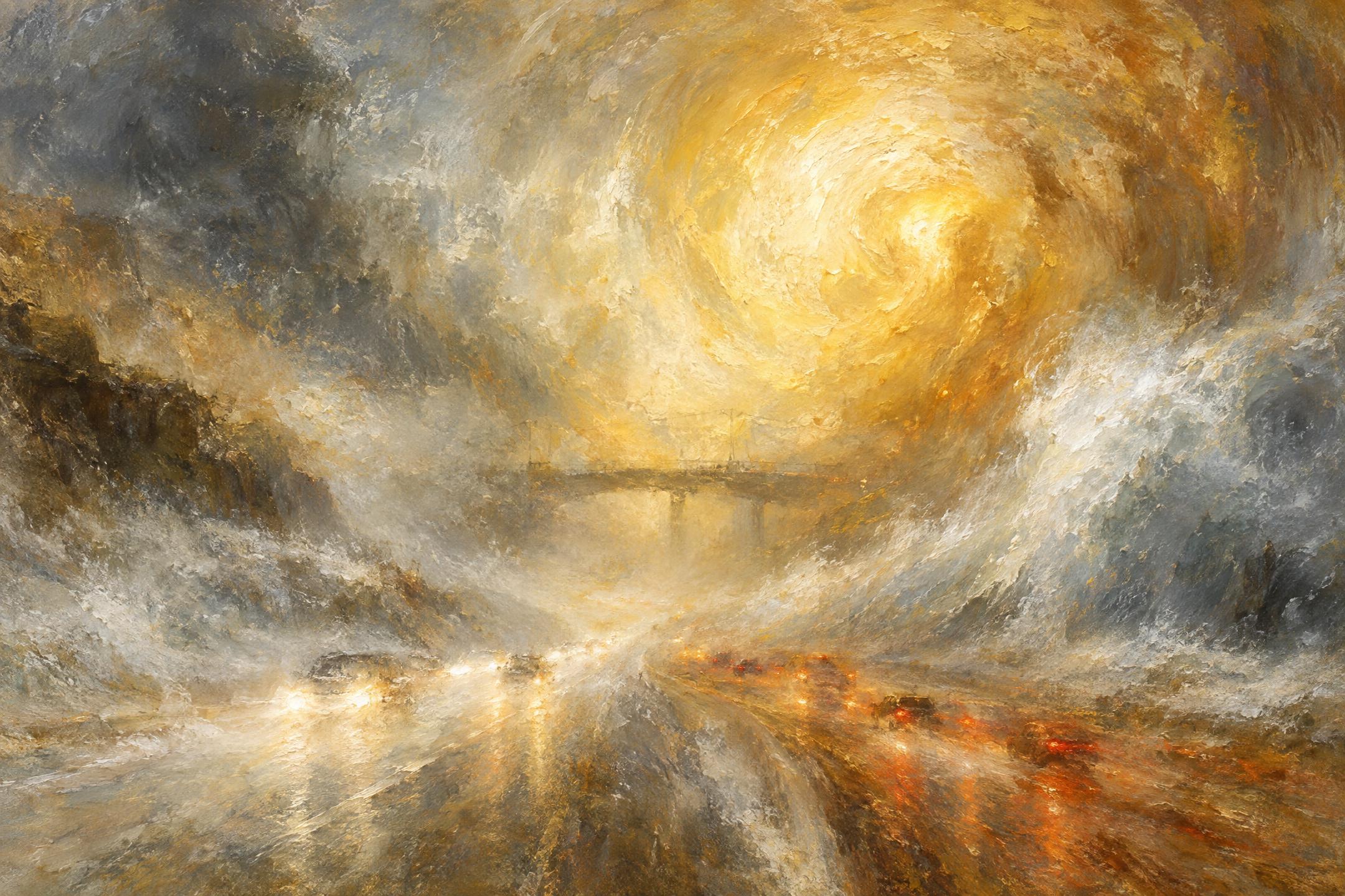 Blizzard on the Motorway, in the manner of J. M. W. Turner