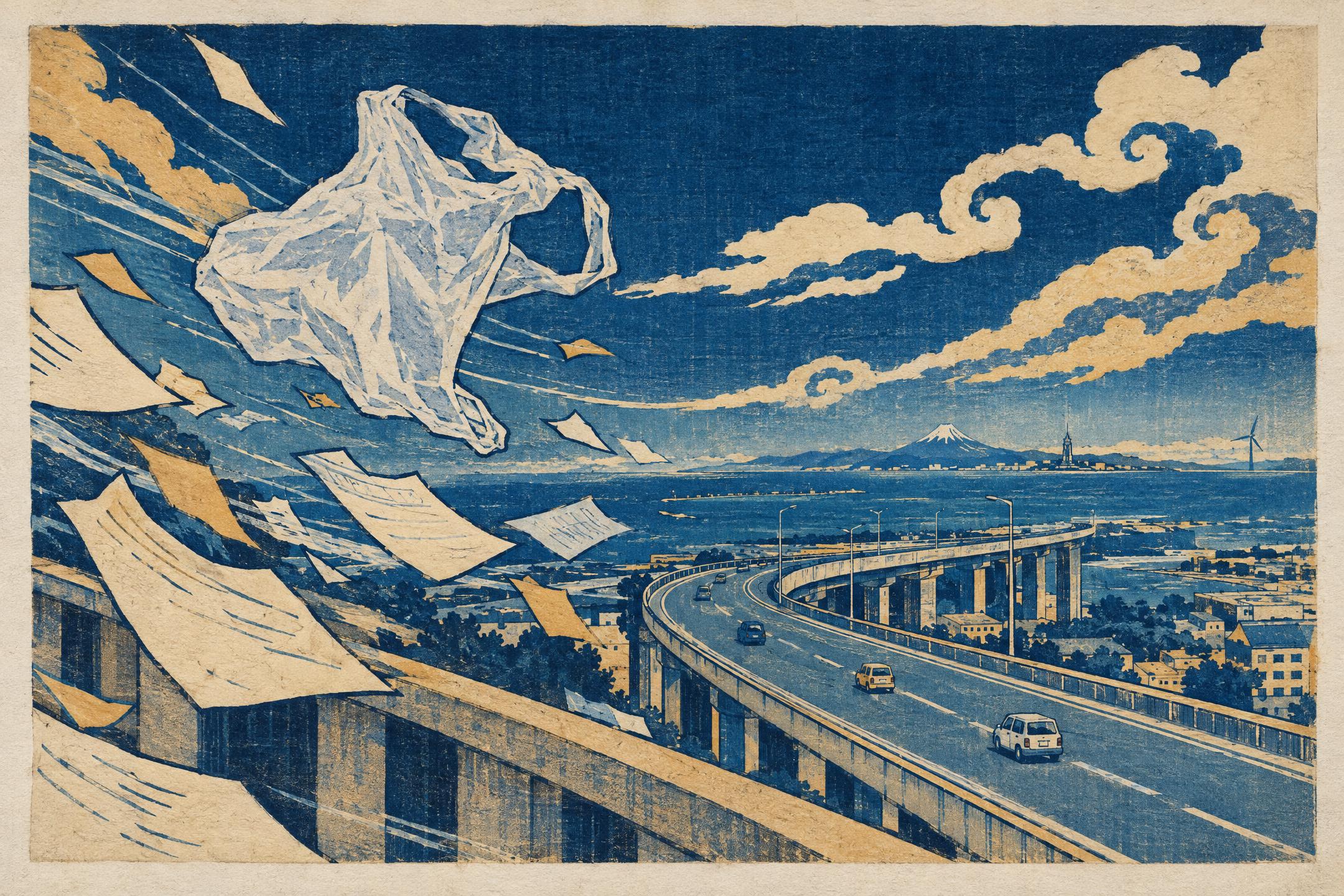 Wind Tunnel on the Expressway, in the manner of Katsushika Hokusai