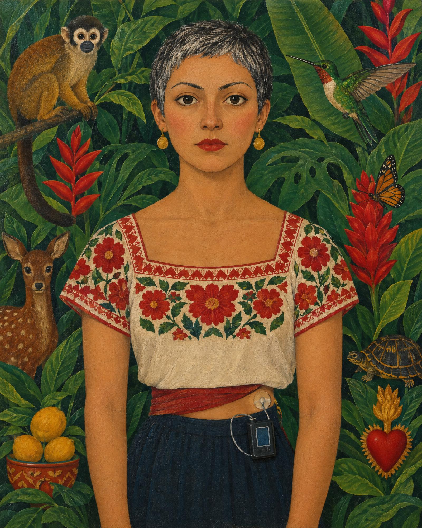 Self-Portrait with Insulin Pump, in the manner of Frida Kahlo