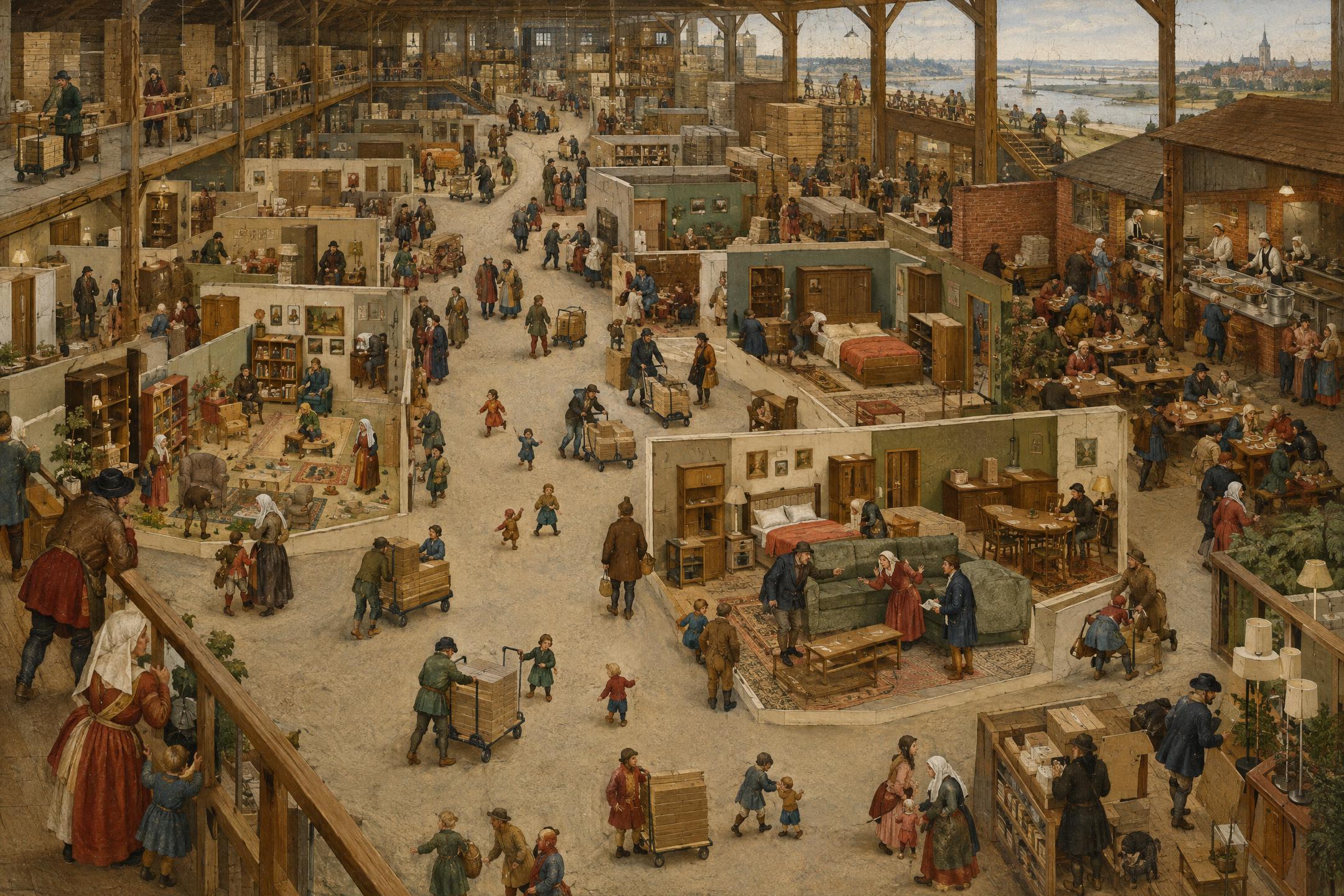 Saturday at the Furniture Store, in the manner of Pieter Bruegel the Elder