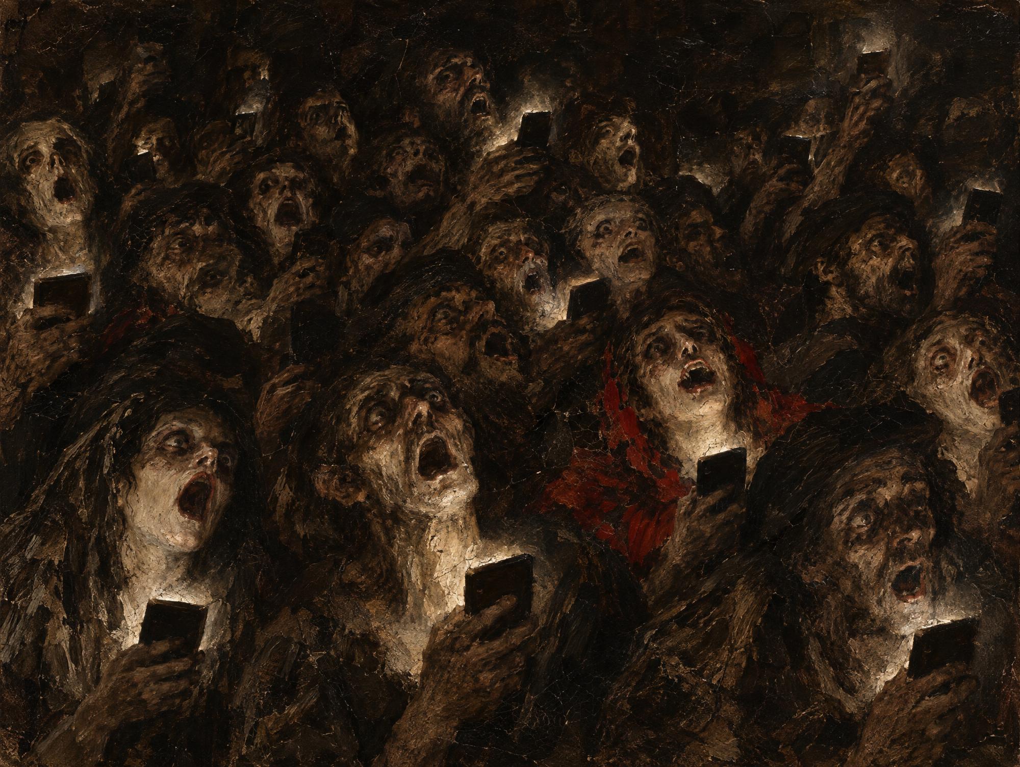 The Pilgrimage to the Livestream, in the manner of Francisco Goya
