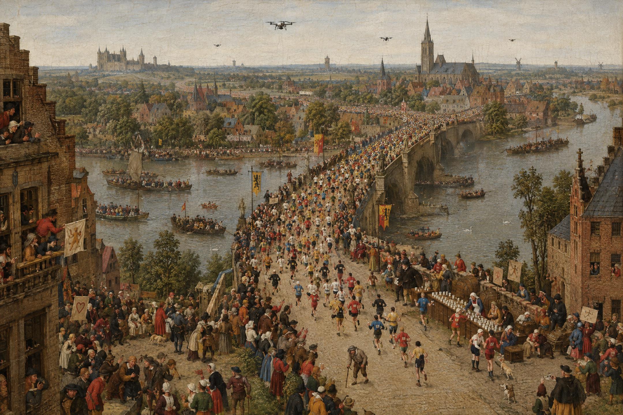 City Marathon, in the manner of Pieter Bruegel the Elder