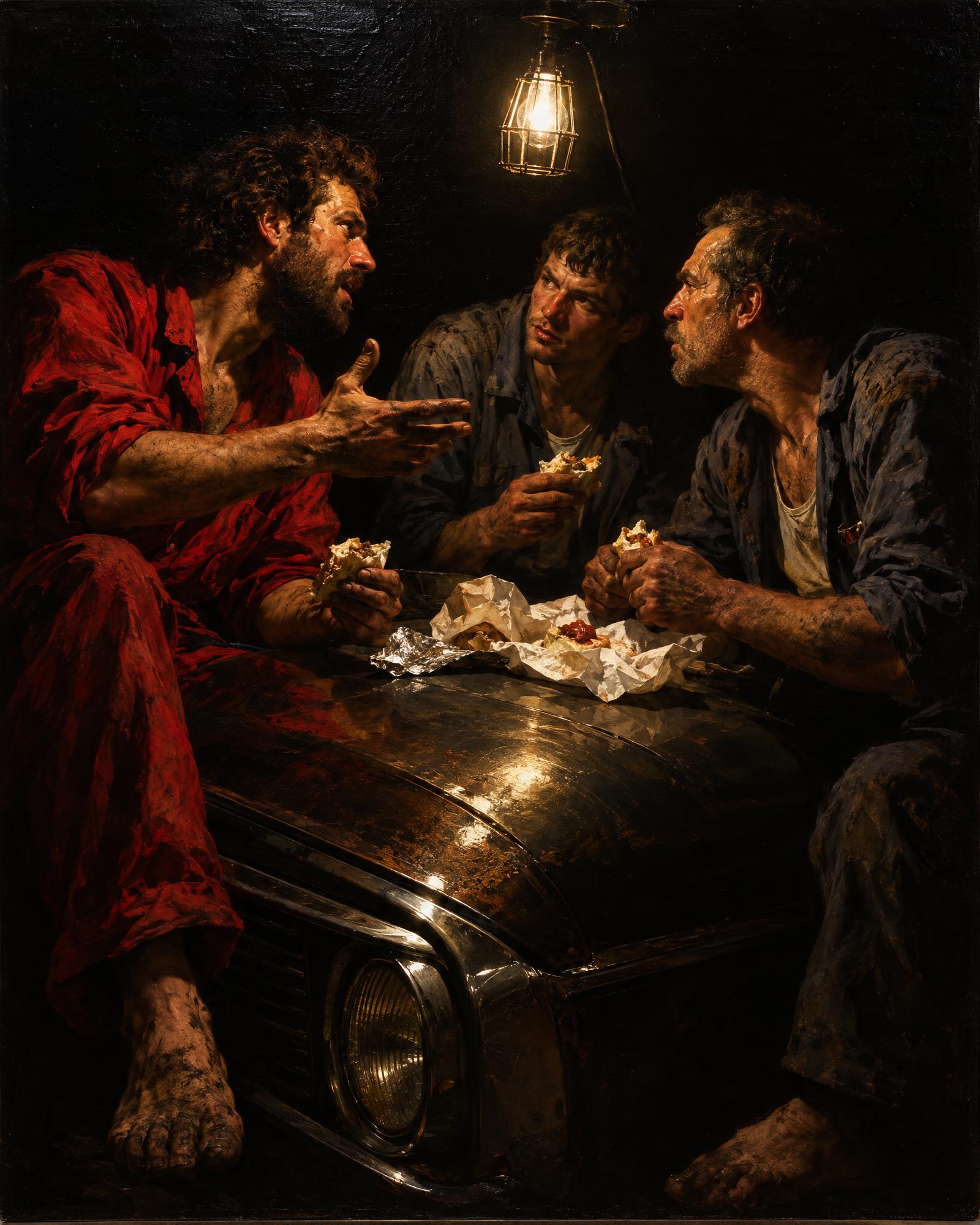 The Supper at the Garage, in the manner of Caravaggio