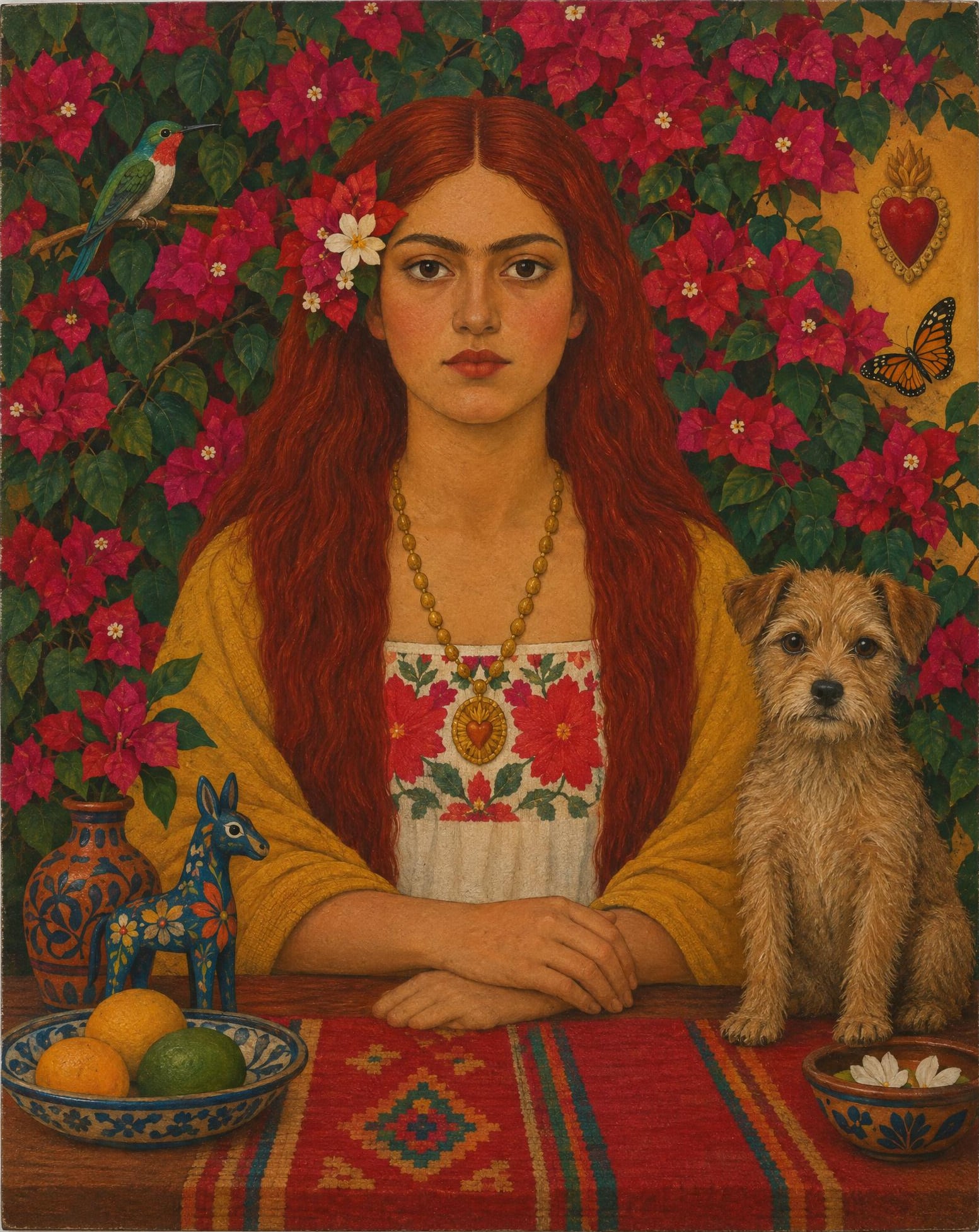 Self-Portrait with Rescue Dog, in the manner of Frida Kahlo