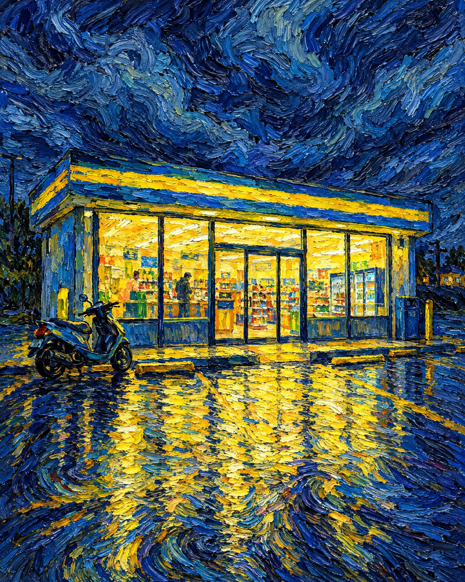 The Night Kiosk, in the manner of Vincent van Gogh