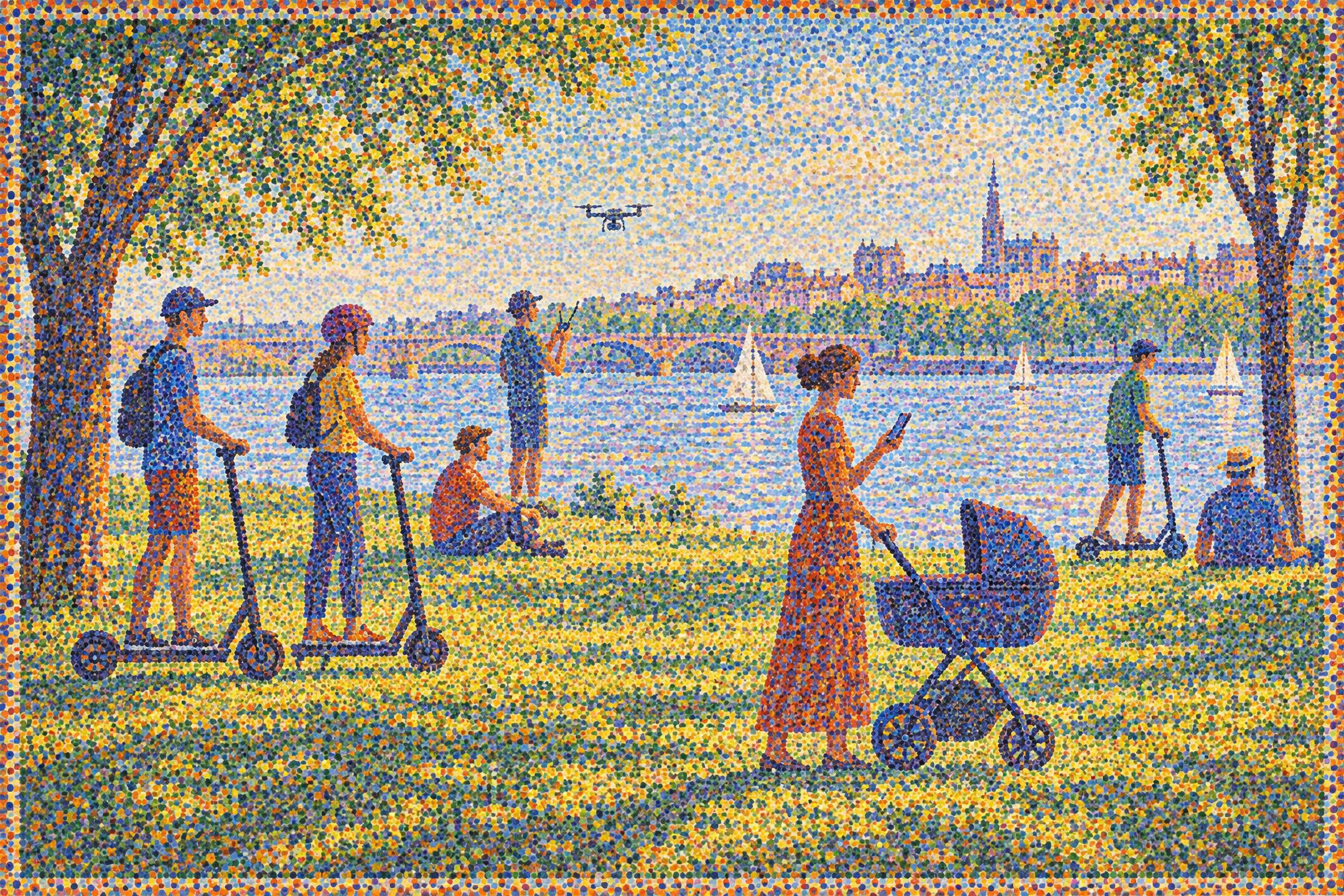A Sunday on the Island of Free Wi-Fi, in the manner of Georges Seurat