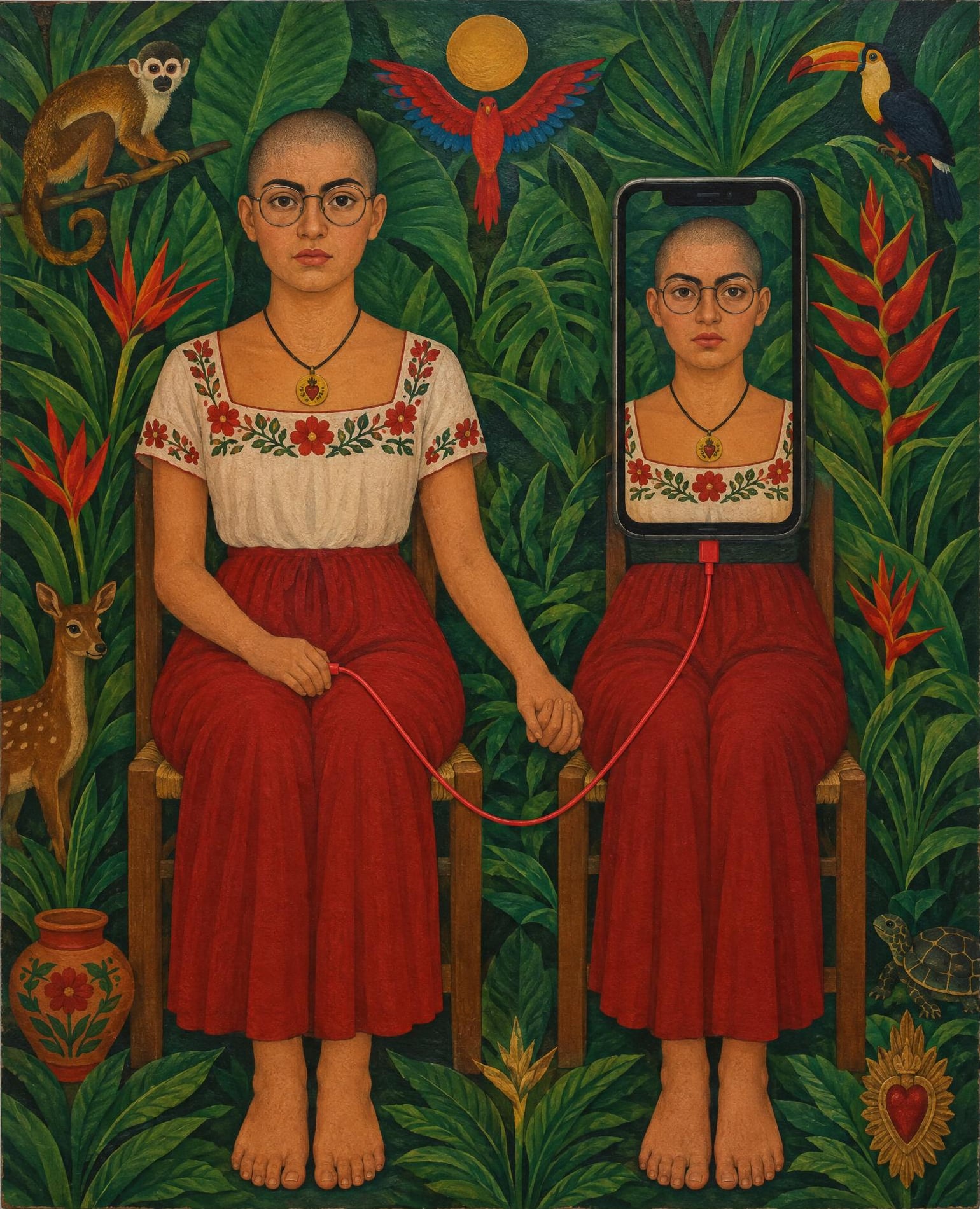 The Two Fridas, Front Camera, in the manner of Frida Kahlo