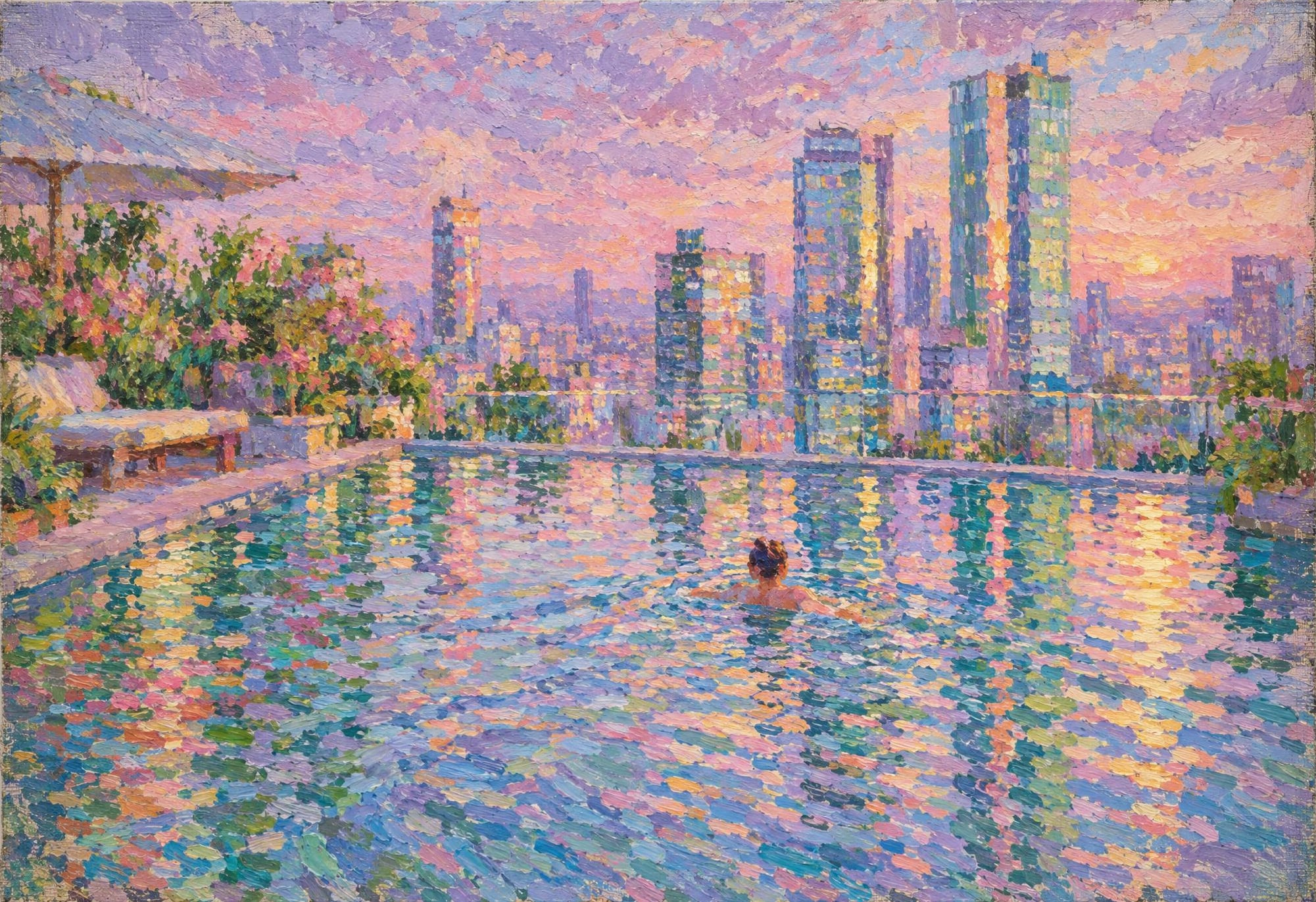 Rooftop Pool, Evening, in the manner of Claude Monet