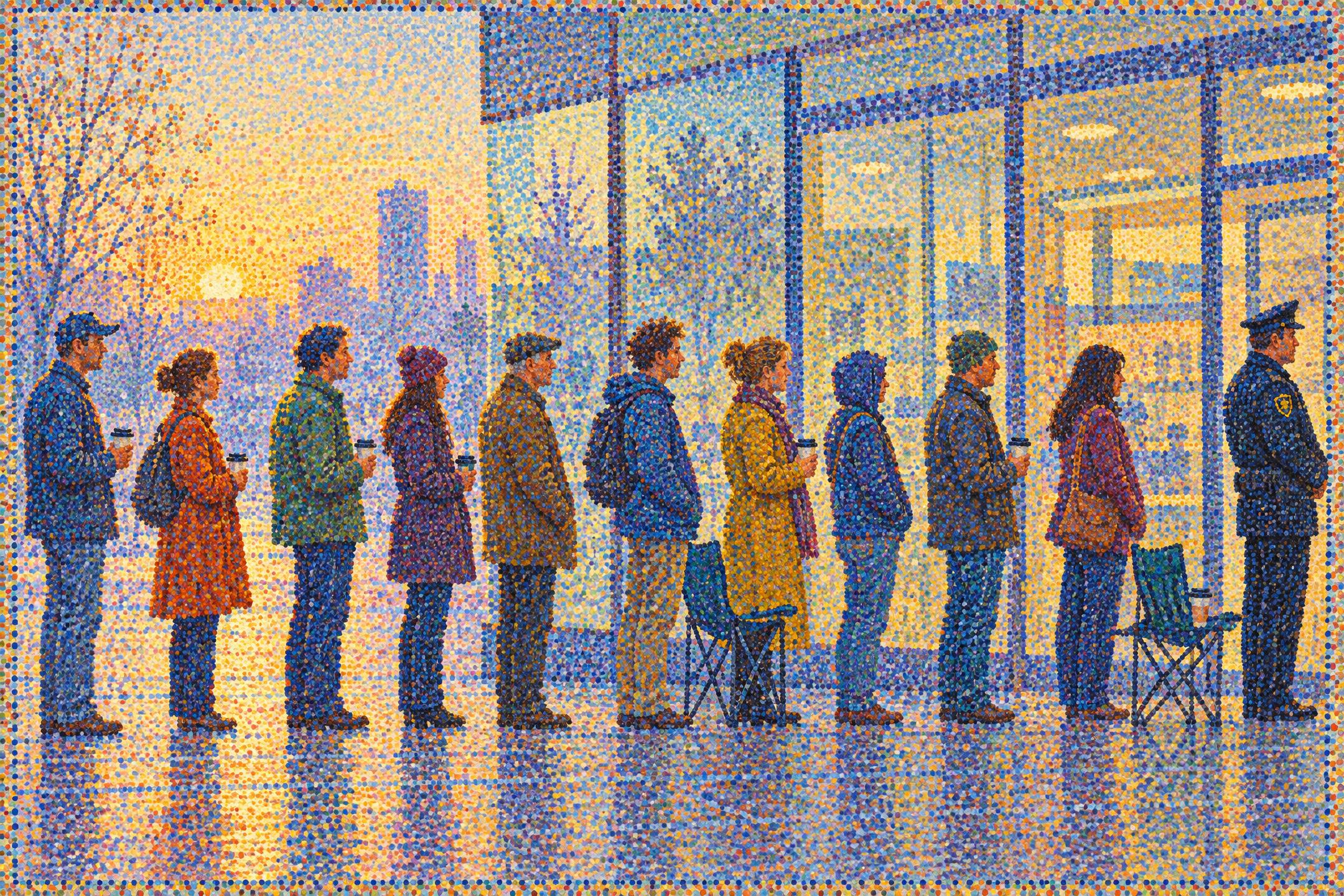 The Queue for the New Phone, in the manner of Georges Seurat