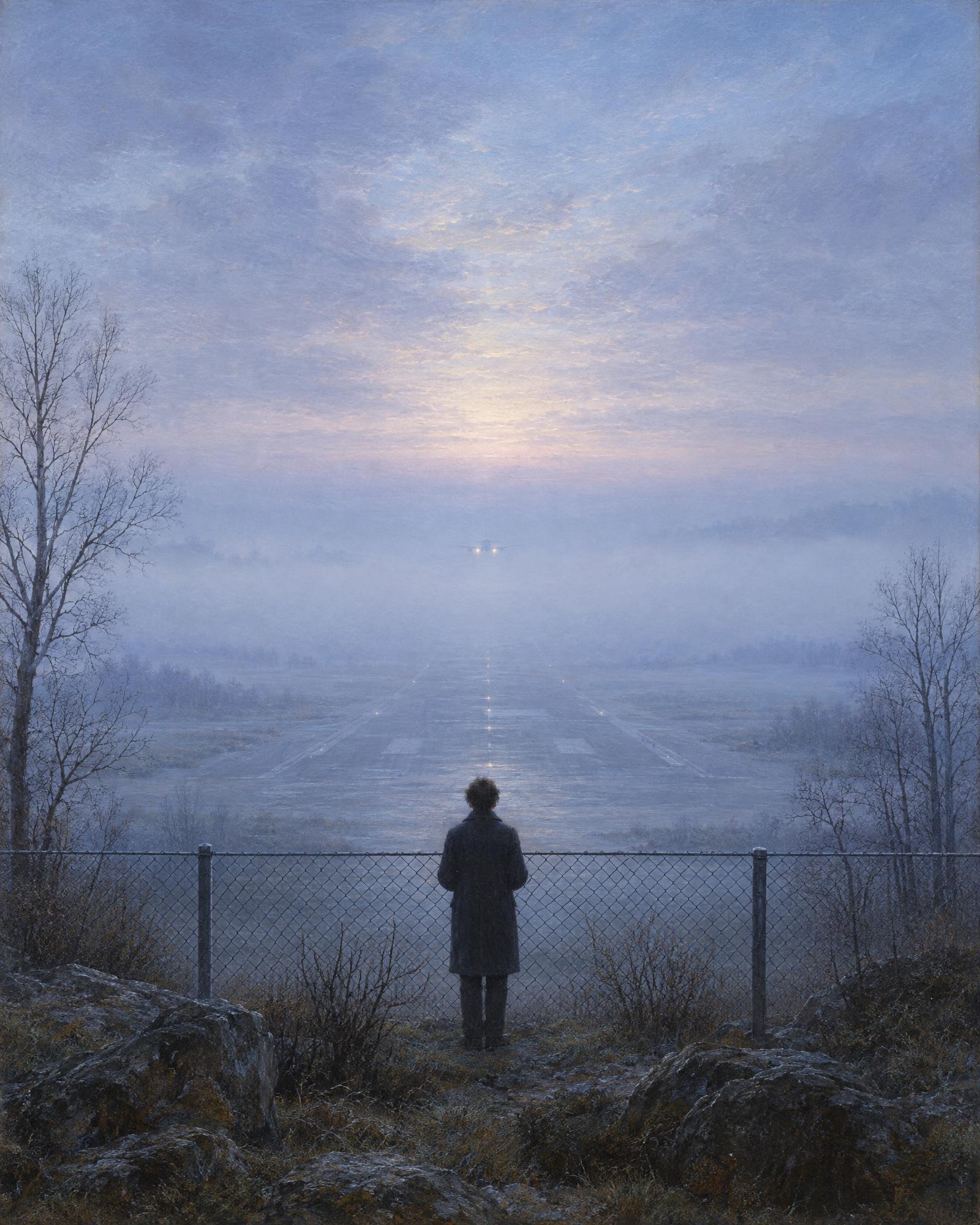 The Airfield in Fog, in the manner of Caspar David Friedrich