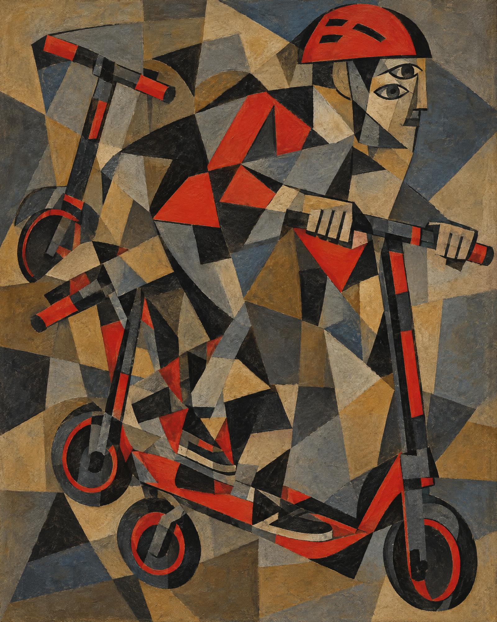 Rider on an Electric Scooter, in the manner of Pablo Picasso