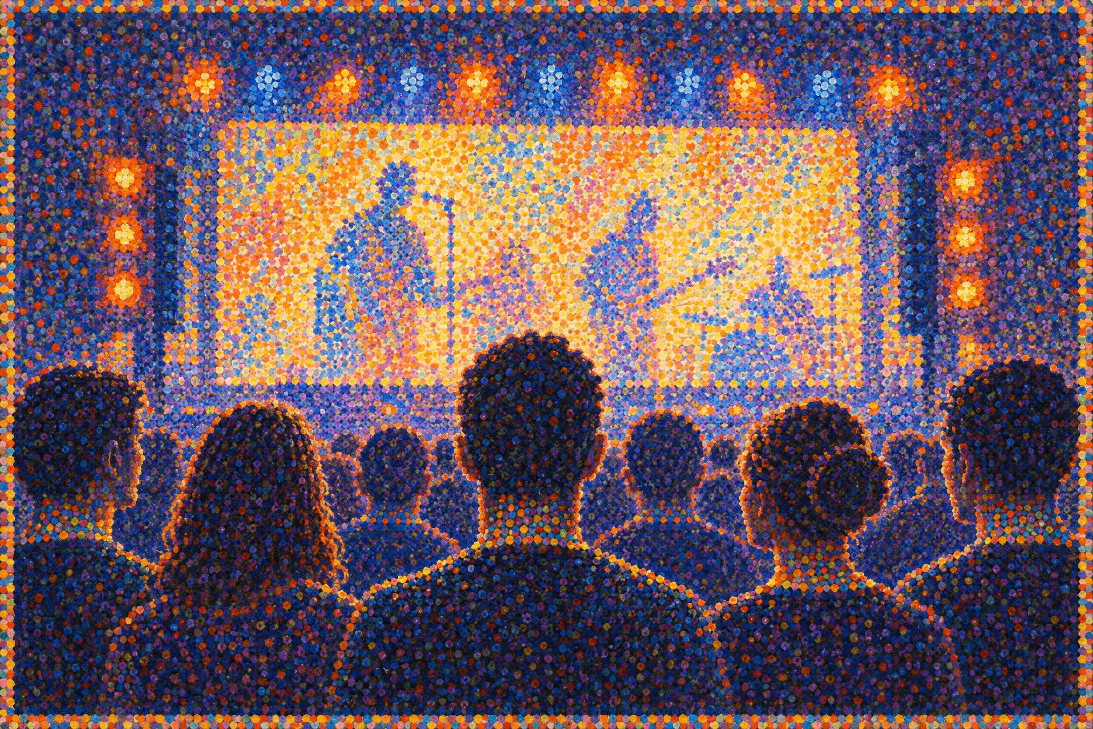 Circus Sideshow, Livestreamed, in the manner of Georges Seurat