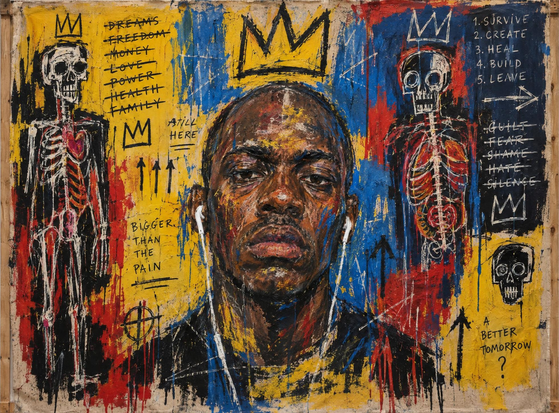 Self-Portrait with Earbuds, in the manner of Jean-Michel Basquiat