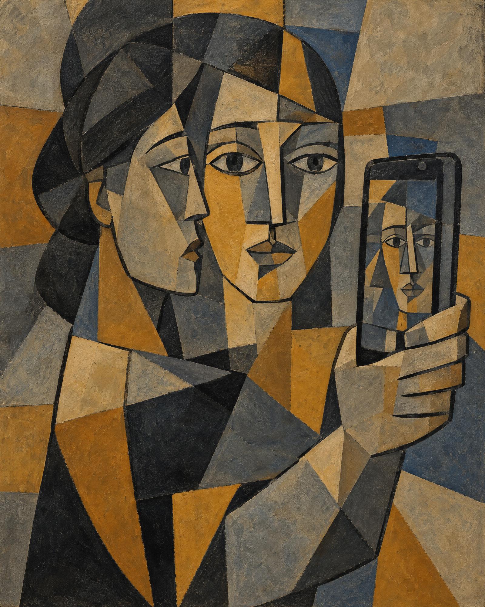 Woman Taking a Selfie, in the manner of Pablo Picasso
