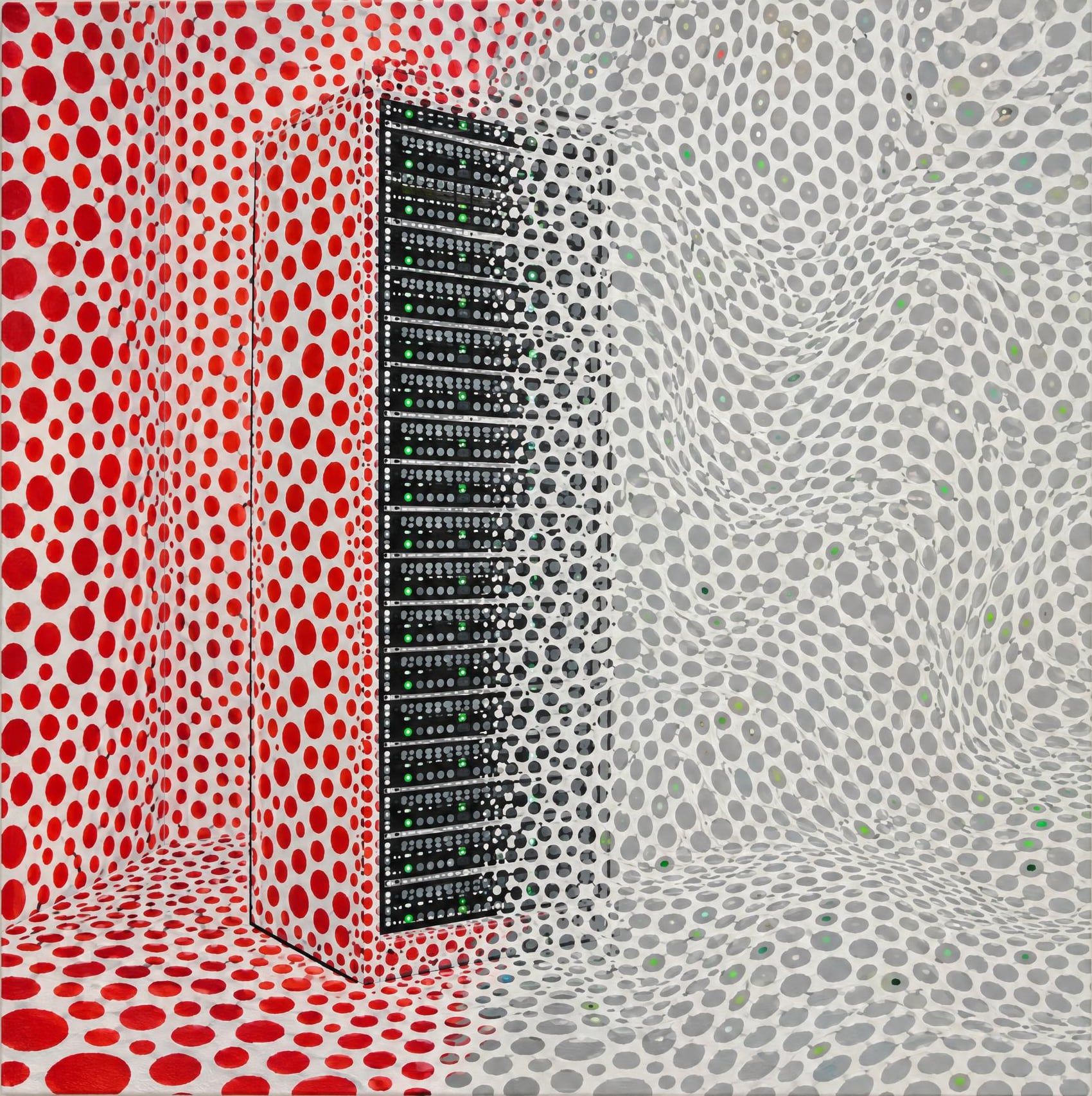 Server Rack with Net, in the manner of Yayoi Kusama