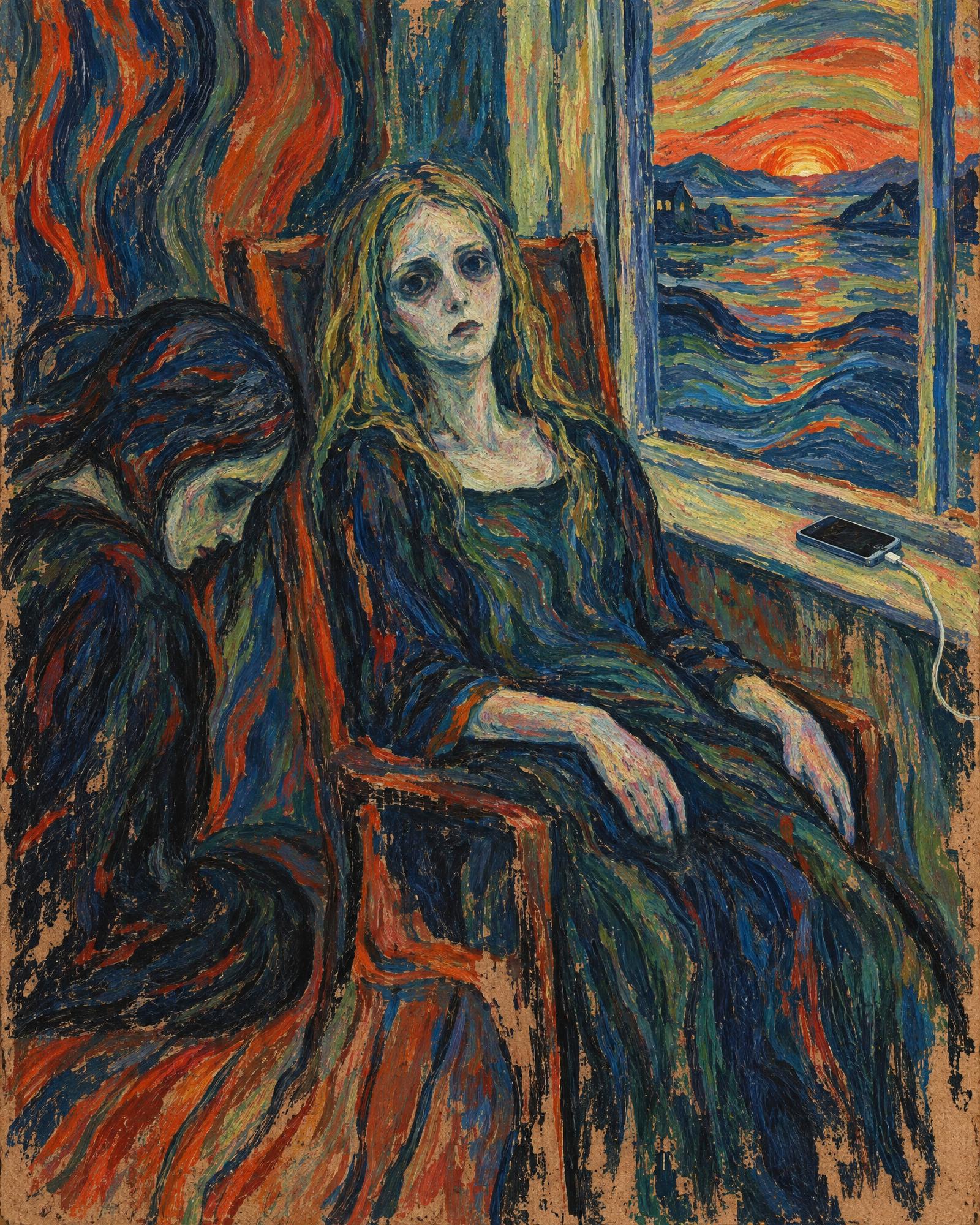 By the Charging Cable, in the manner of Edvard Munch
