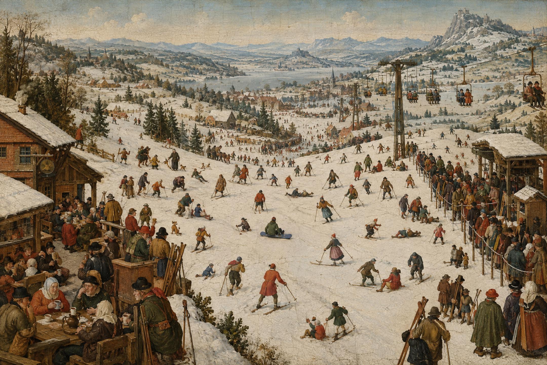The Beginner Slope, in the manner of Pieter Bruegel the Elder