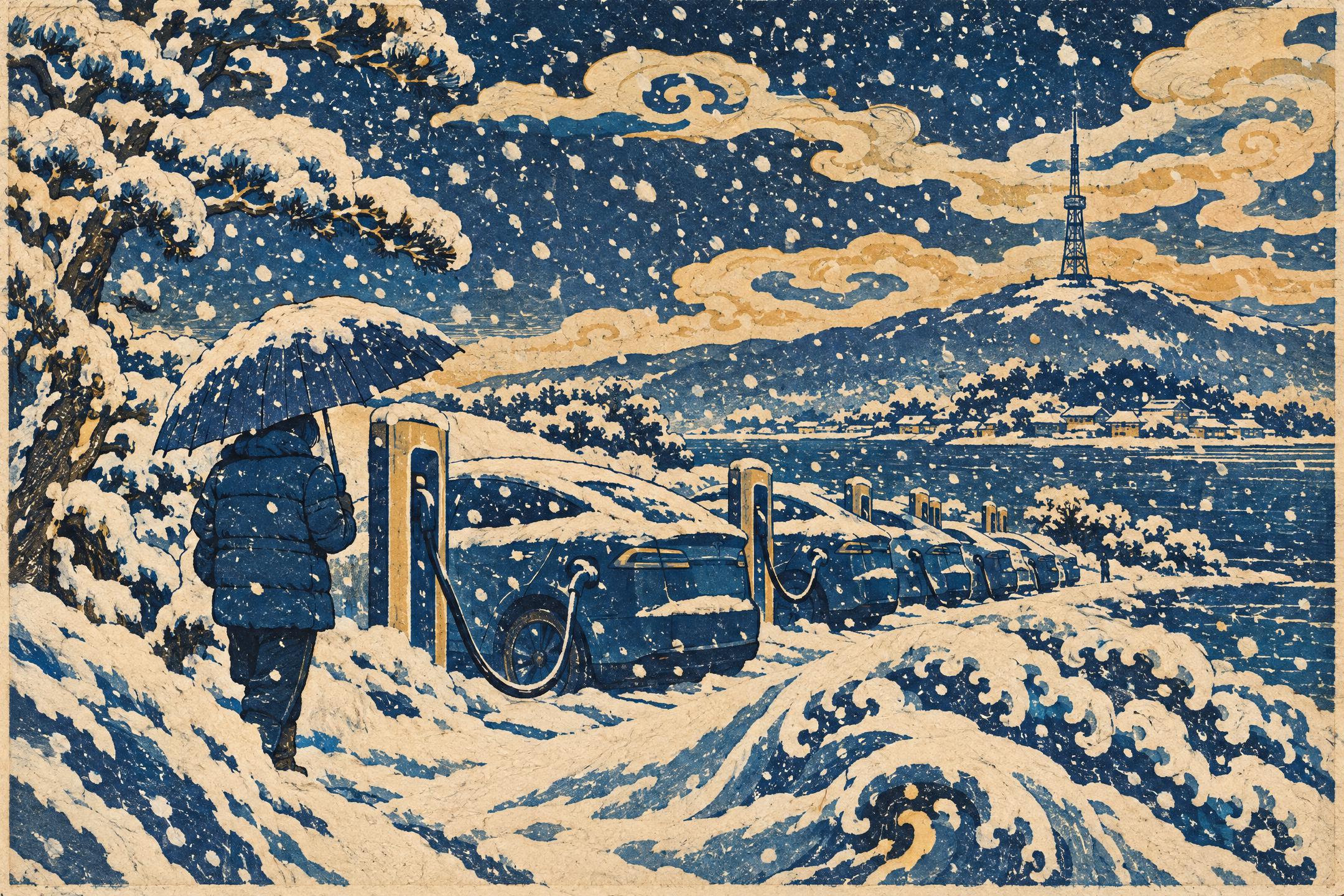 Snow at the Charging Station, in the manner of Katsushika Hokusai