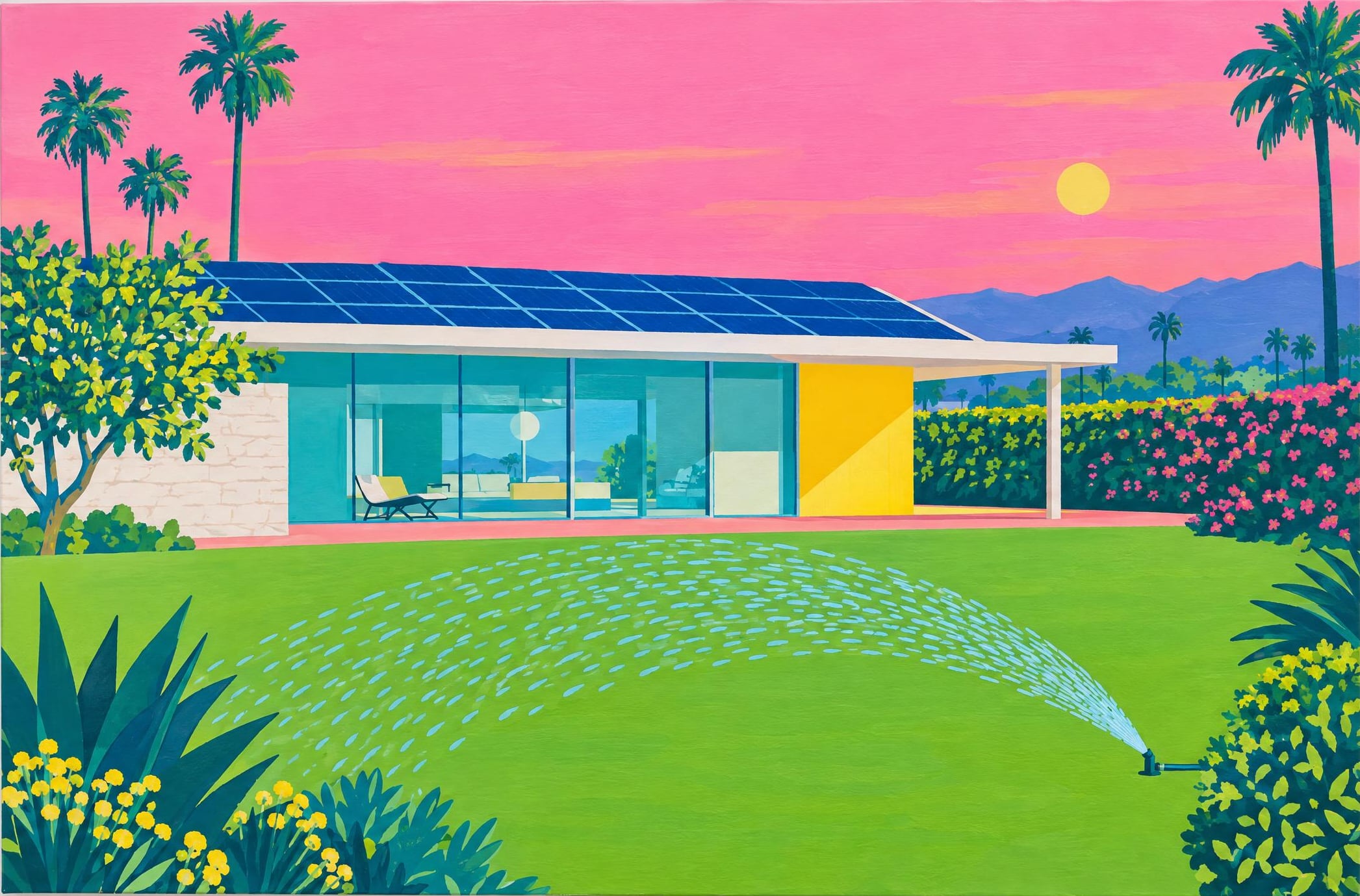 House with Solar Roof, in the manner of David Hockney