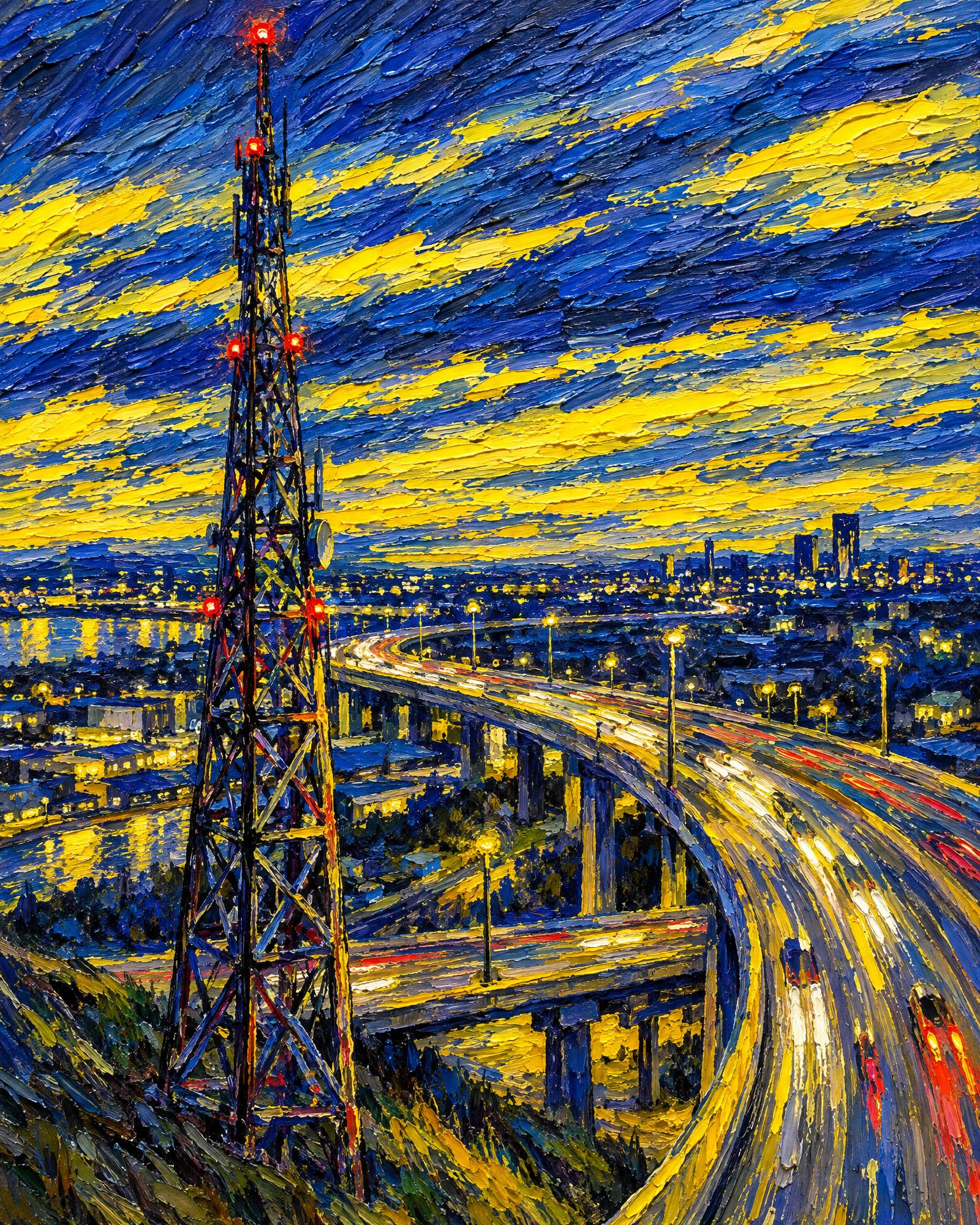 Starry Night over the Ring Road, in the manner of Vincent van Gogh