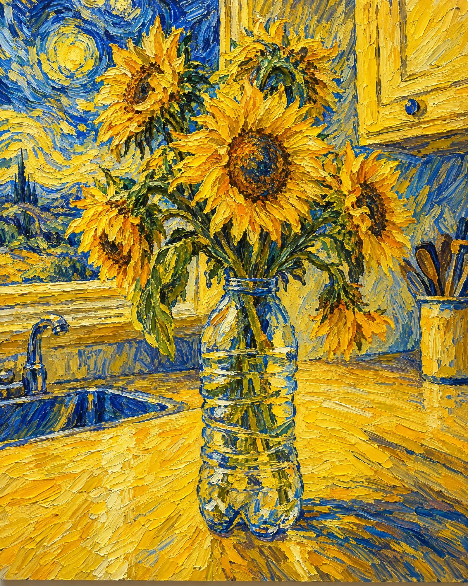 Sunflowers in a Water Bottle, in the manner of Vincent van Gogh