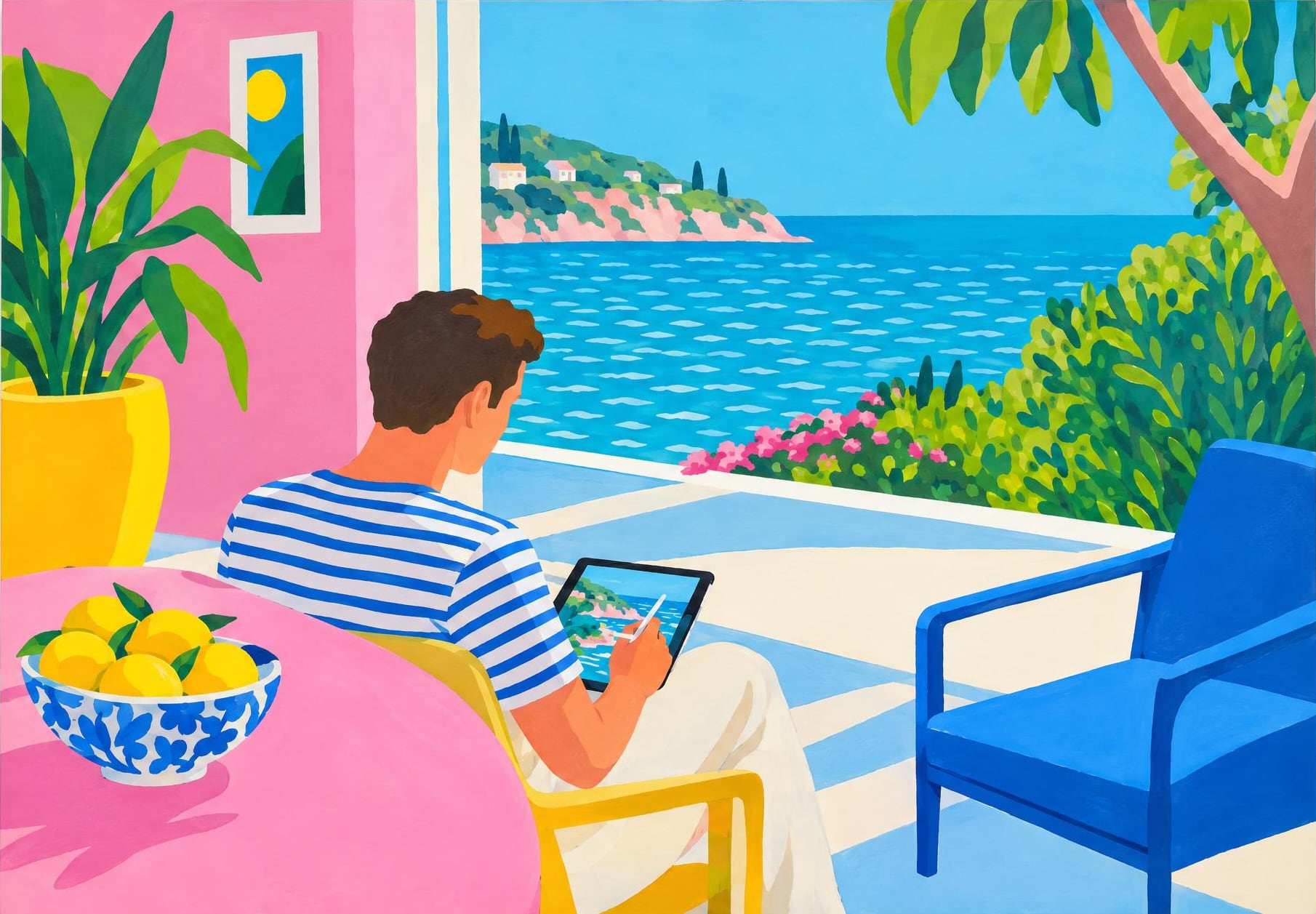 Portrait of a Friend on a Tablet, in the manner of David Hockney