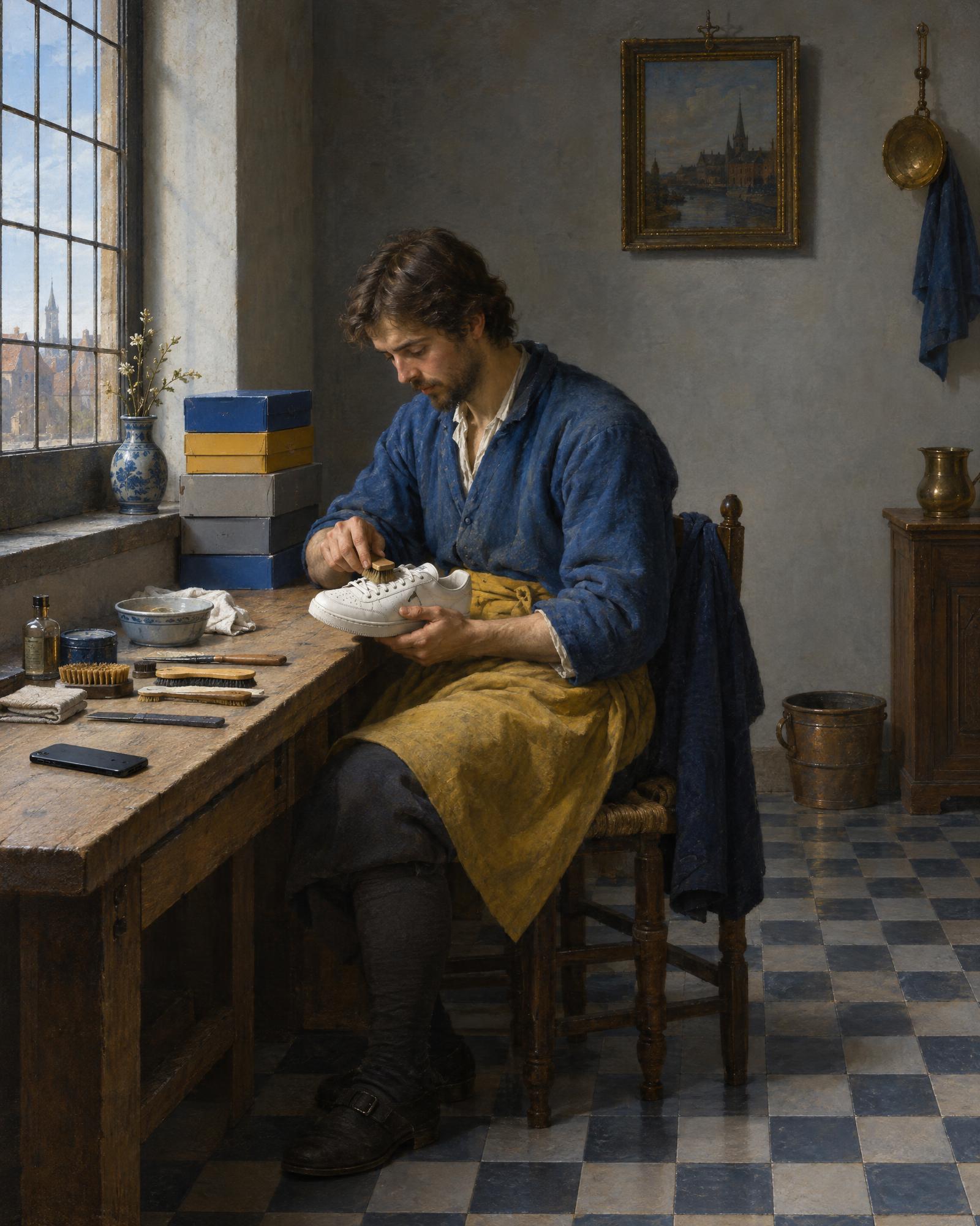 The Sneaker Repairer, in the manner of Johannes Vermeer