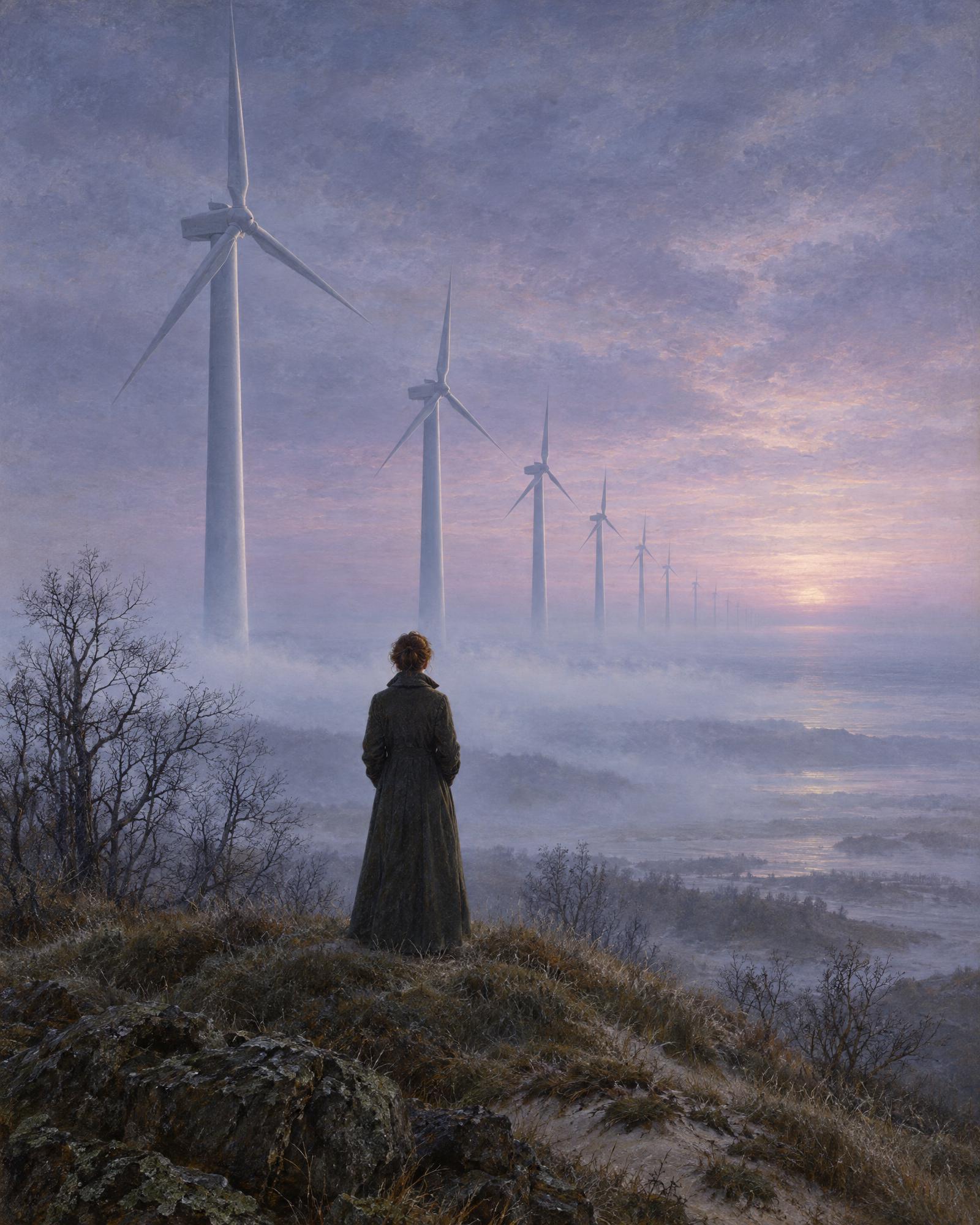 Morning at the Wind Farm, in the manner of Caspar David Friedrich
