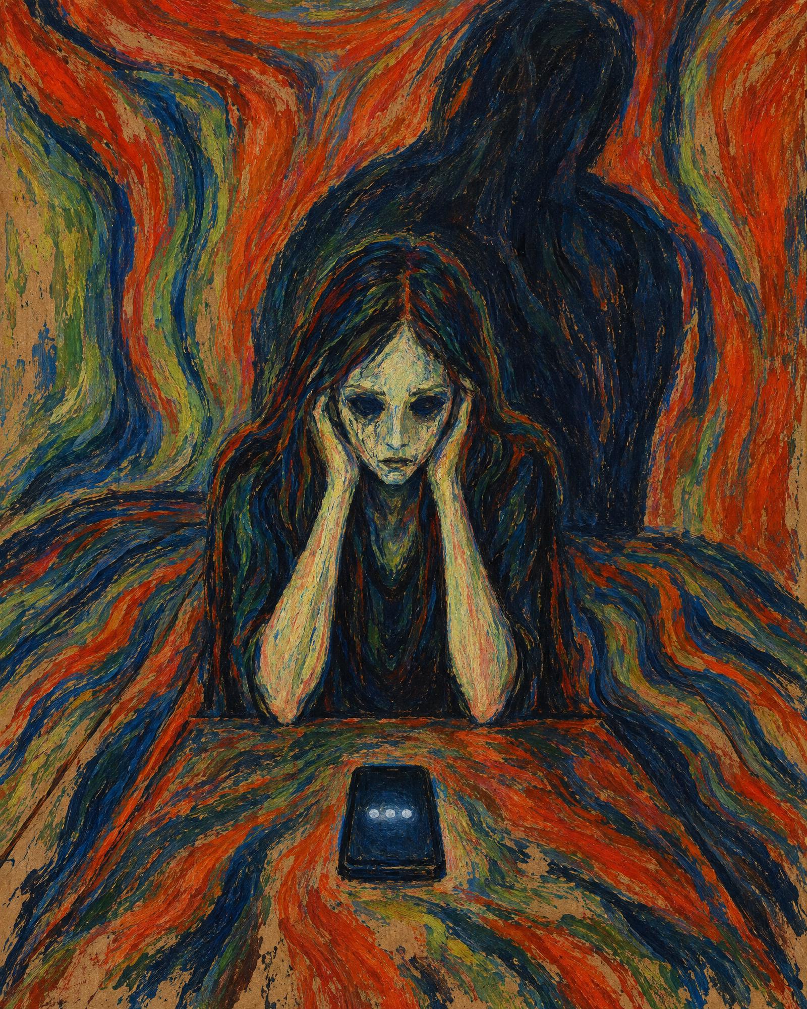 Typing…, in the manner of Edvard Munch