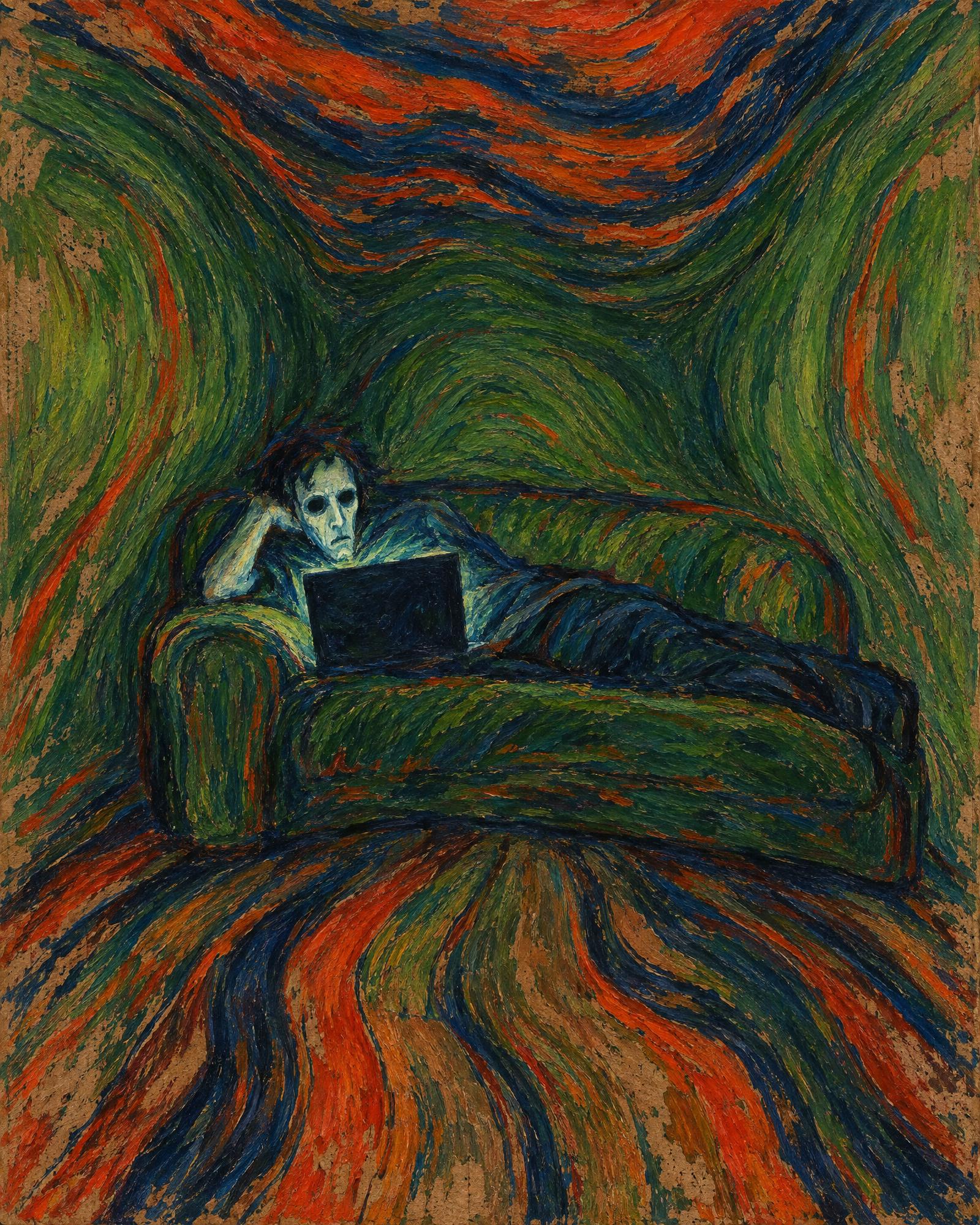 Evening on the Sofa, 4,312 Unread, in the manner of Edvard Munch