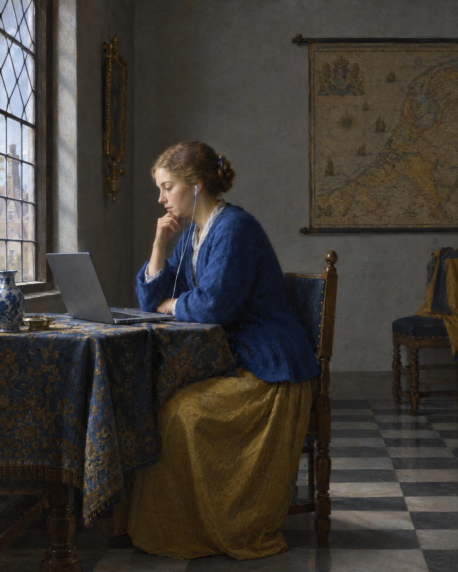 Woman on a Video Call, in the manner of Johannes Vermeer
