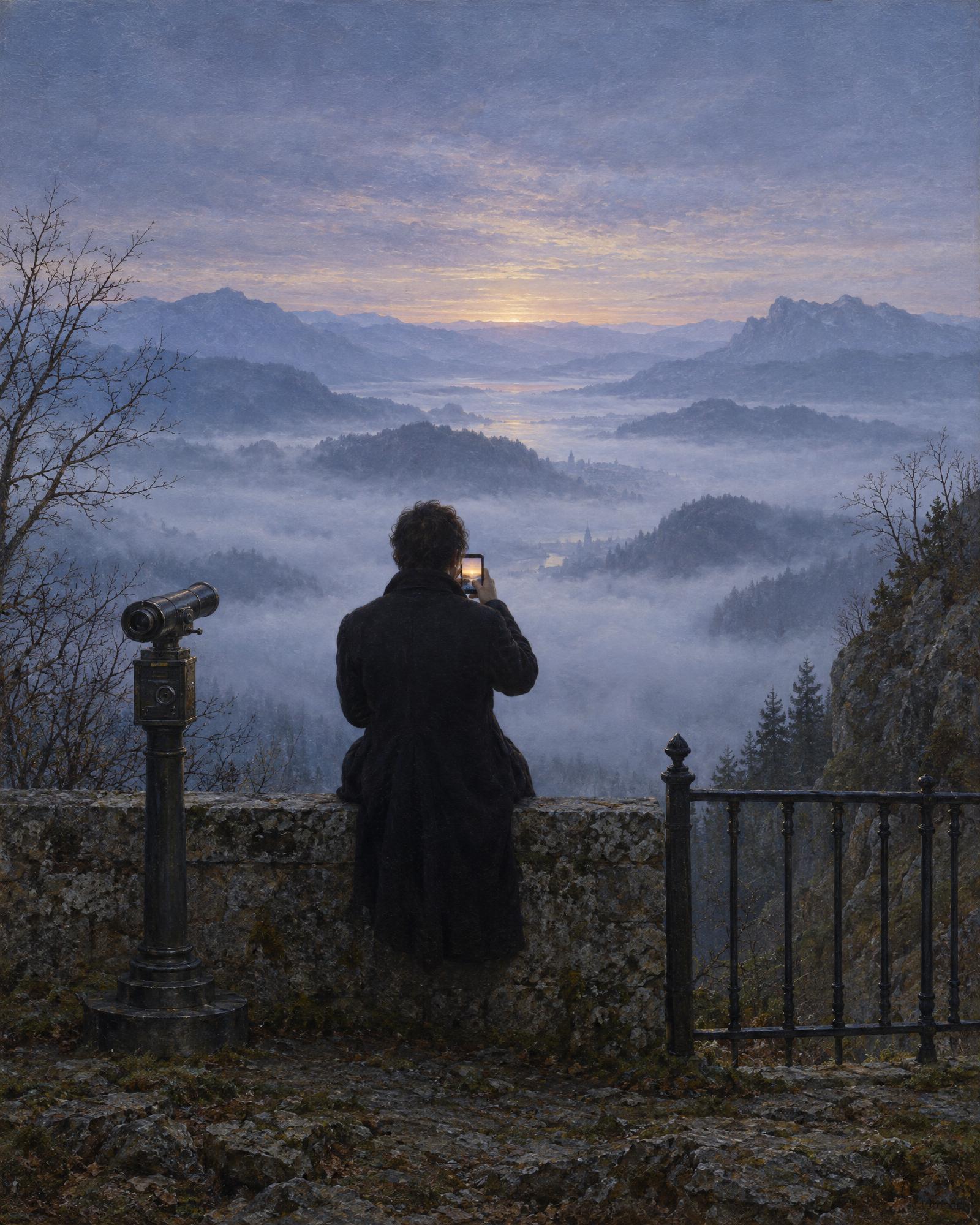 Wanderer above the Sea of Notifications, in the manner of Caspar David Friedrich